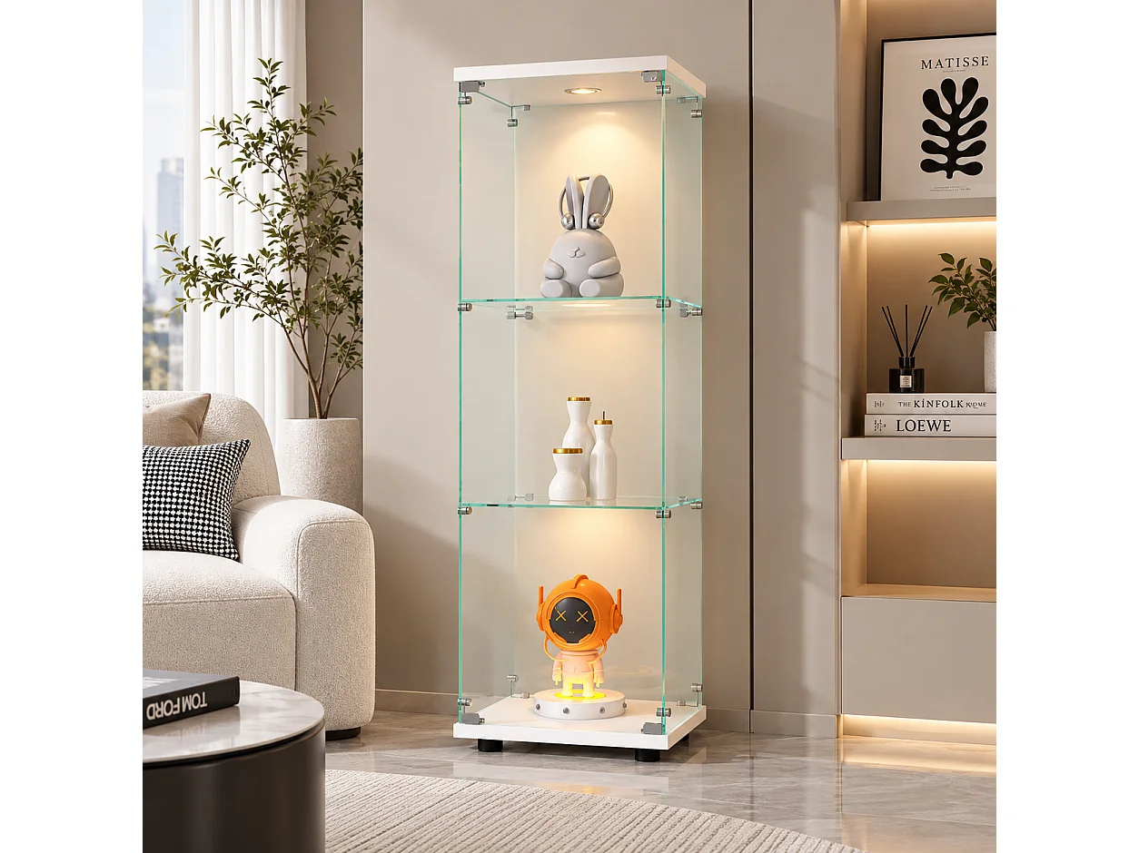 Vitrine d’exposition sur pied 42 × 36 × 125 cm avec porte verrouillable et étagères en verre trempé – Blanc