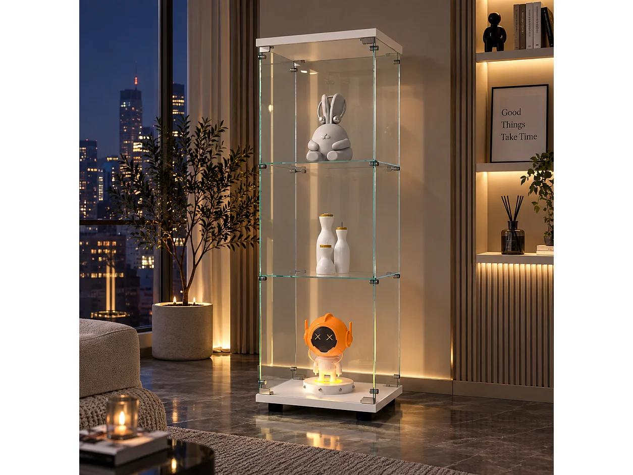 Vitrine d’exposition sur pied 42 × 36 × 125 cm avec porte verrouillable et étagères en verre trempé – Blanc