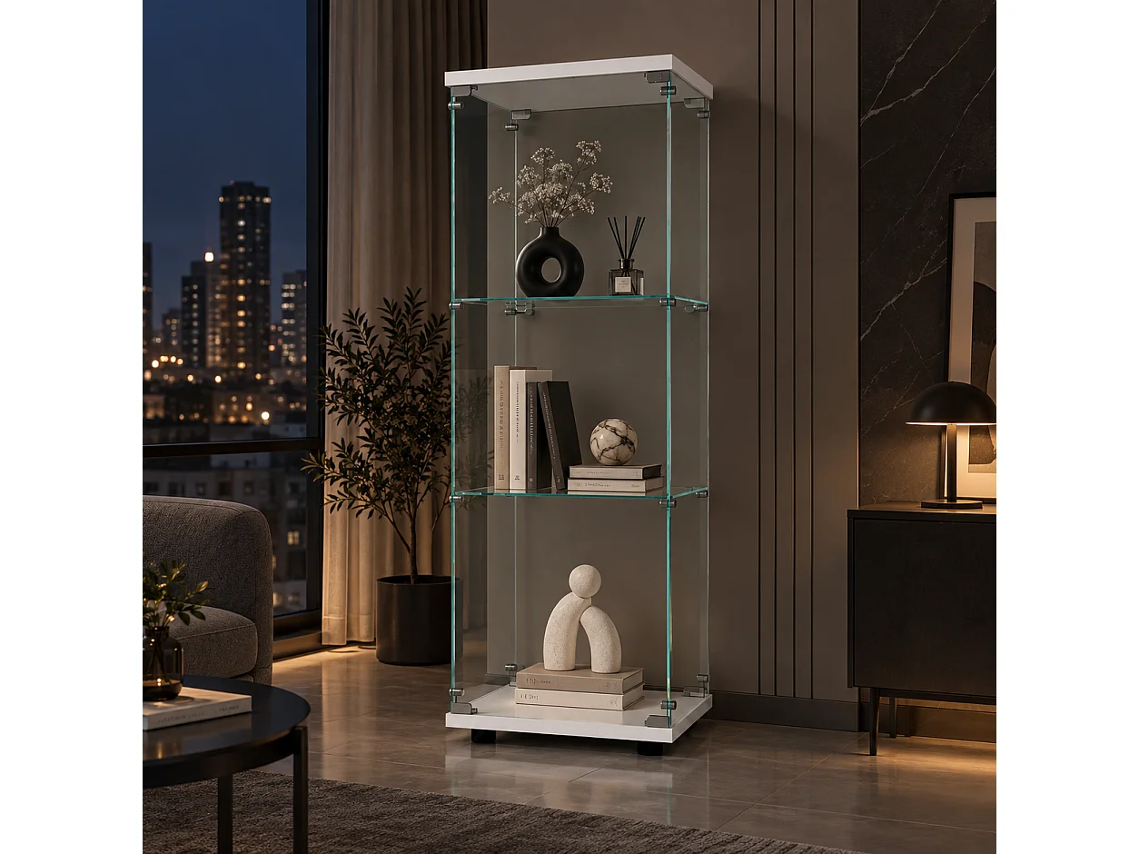 Vitrine d’exposition sur pied 42 × 36 × 125 cm avec porte verrouillable et étagères en verre trempé – Blanc