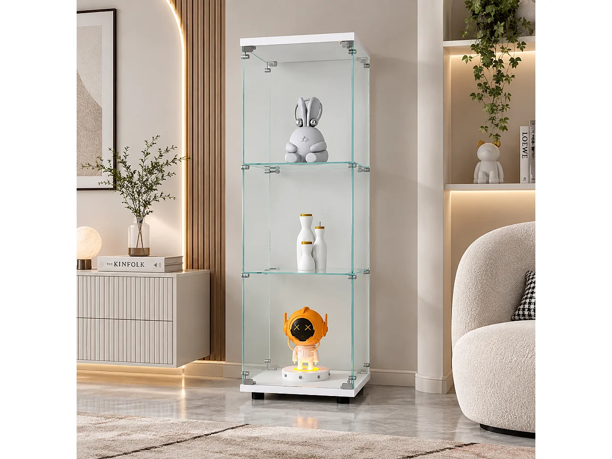 Vitrine d’exposition sur pied 42 × 36 × 125 cm avec porte verrouillable et étagères en verre trempé – Blanc