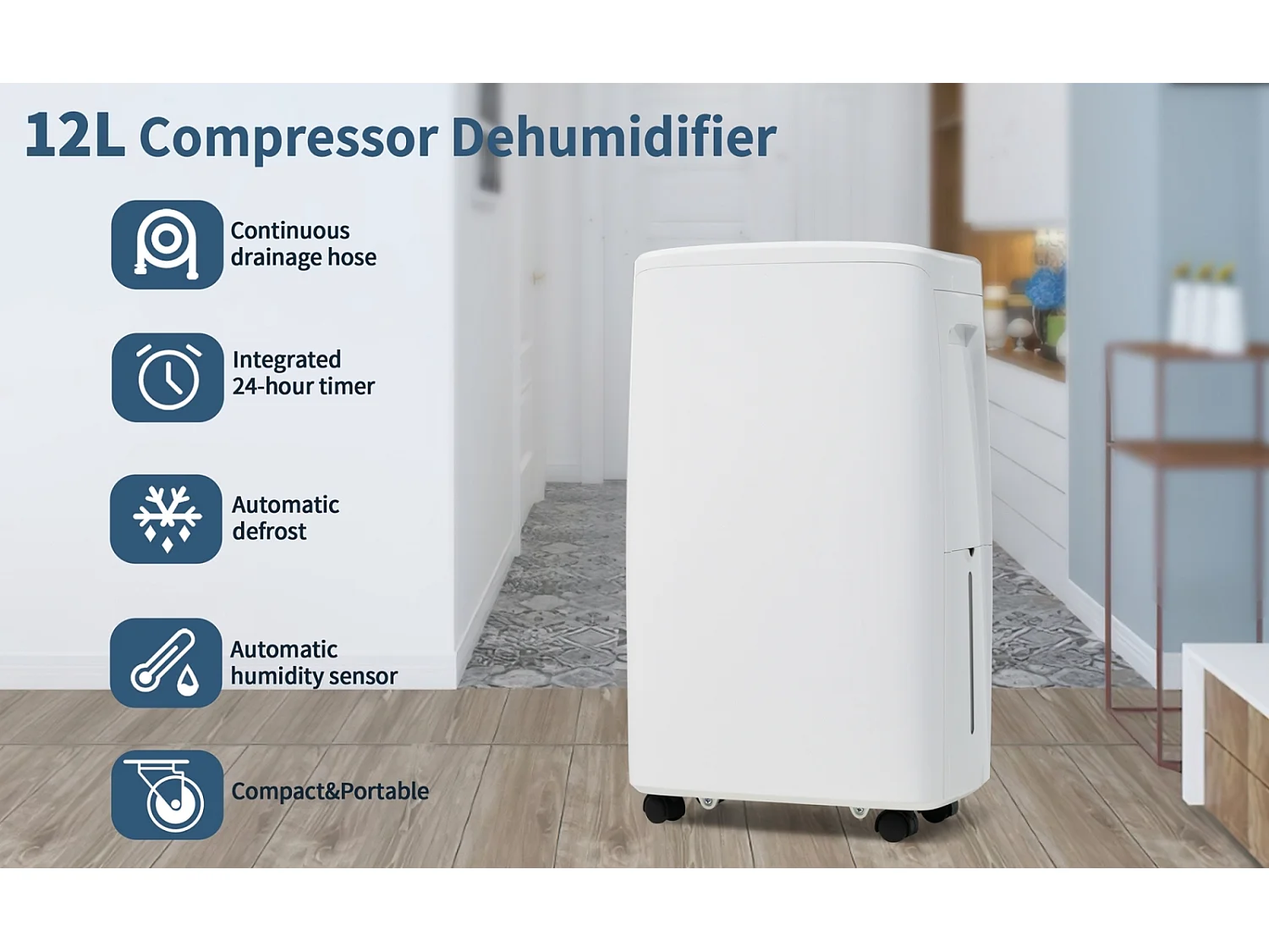 Déshumidificateur 3 en 1, 12L/jour, déshumidificateur, purificateur d'air et séchoir, réservoir de 1.5L, minuterie 24h, écran LED, pour 15㎡, Blanc