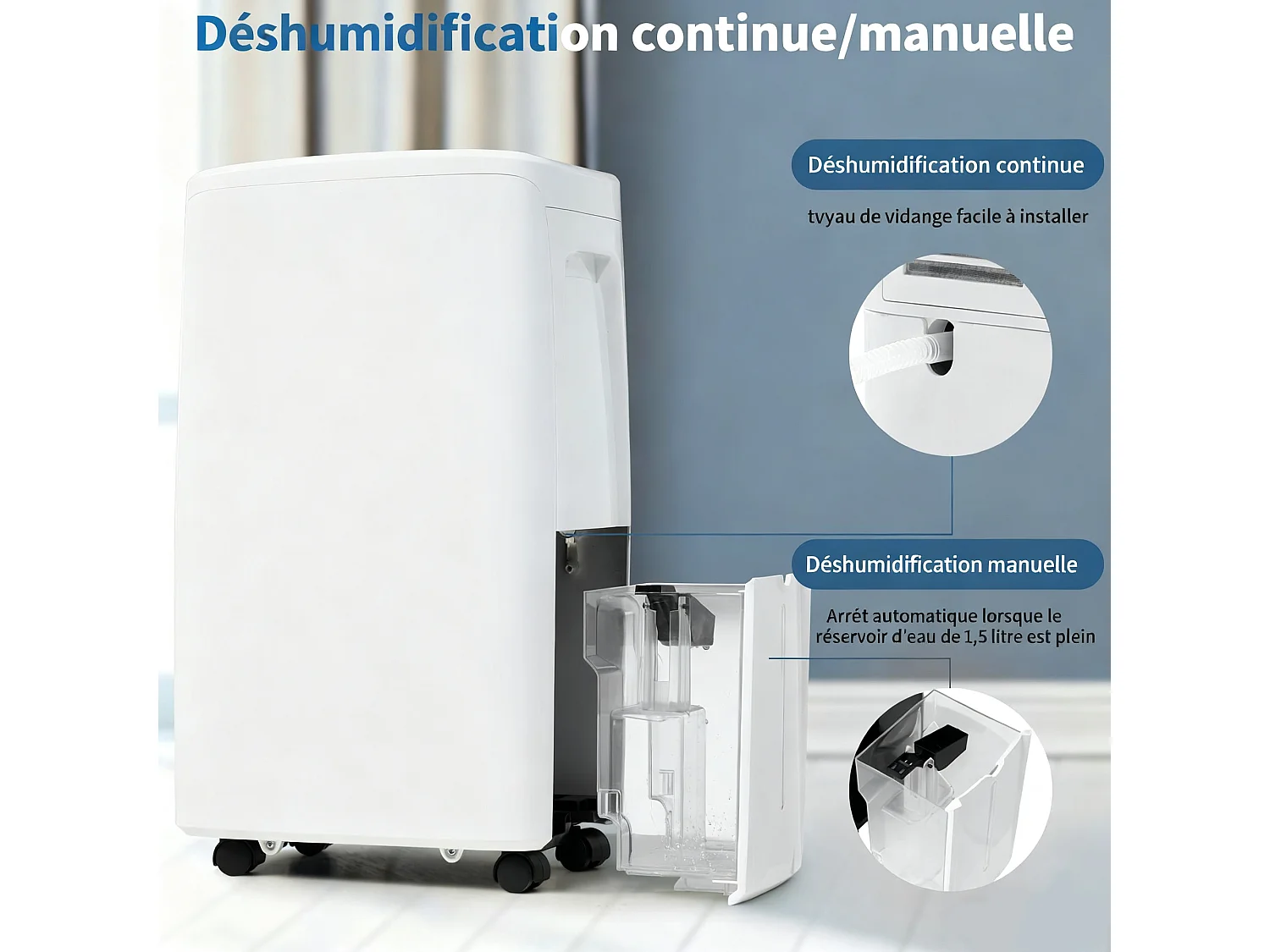 Déshumidificateur 3 en 1, 12L/jour, déshumidificateur, purificateur d'air et séchoir, réservoir de 1.5L, minuterie 24h, écran LED, pour 15㎡, Blanc