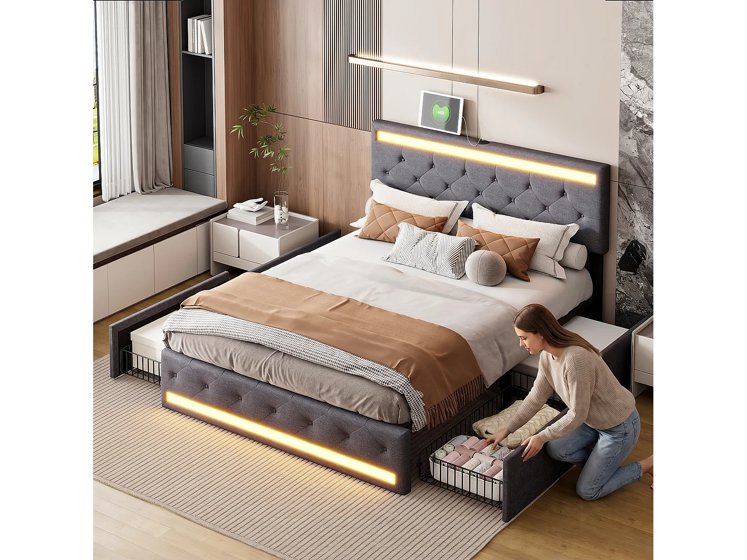 Lit adulte 140x200 cm avec tiroirs, sommier à lattes, tête de lit capitonnée réglable avec LED et USB, lin beige