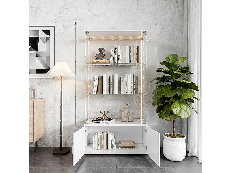 Vitrine sur pied avec 4 portes, 3 plateaux verre transparent avec serrure, verre trempé et boir, Multi - usage - Avec éclairage LED - 78x35x164 cm - Blanc