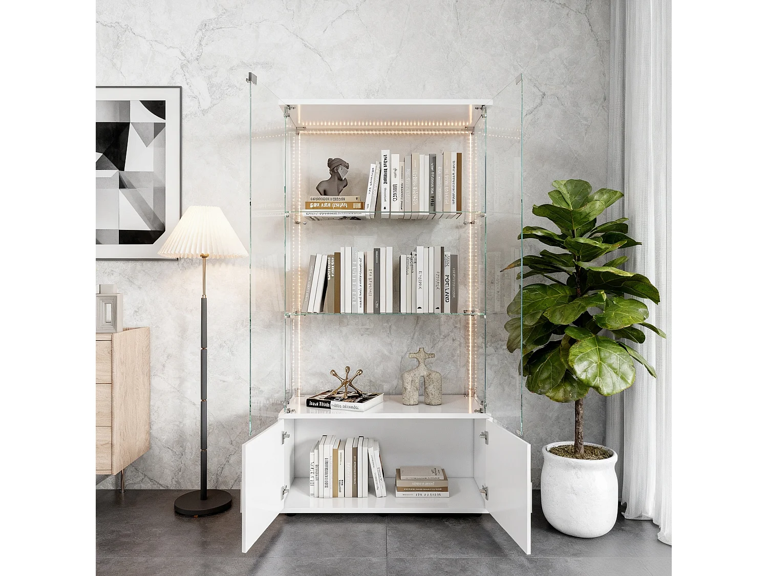 Vitrine sur pied avec 4 portes, 3 plateaux verre transparent avec serrure, verre trempé et boir, Multi - usage - Avec éclairage LED - 78x35x164 cm - Blanc