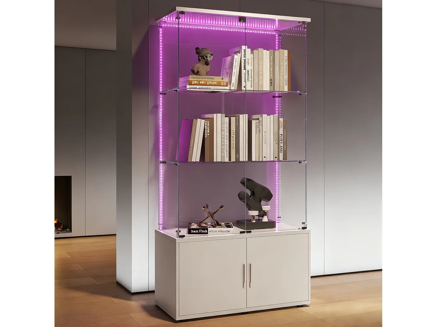 Vitrine sur pied avec 4 portes, 3 plateaux verre transparent avec serrure, verre trempé et boir, Multi - usage - Avec éclairage LED - 78x35x164 cm - Blanc