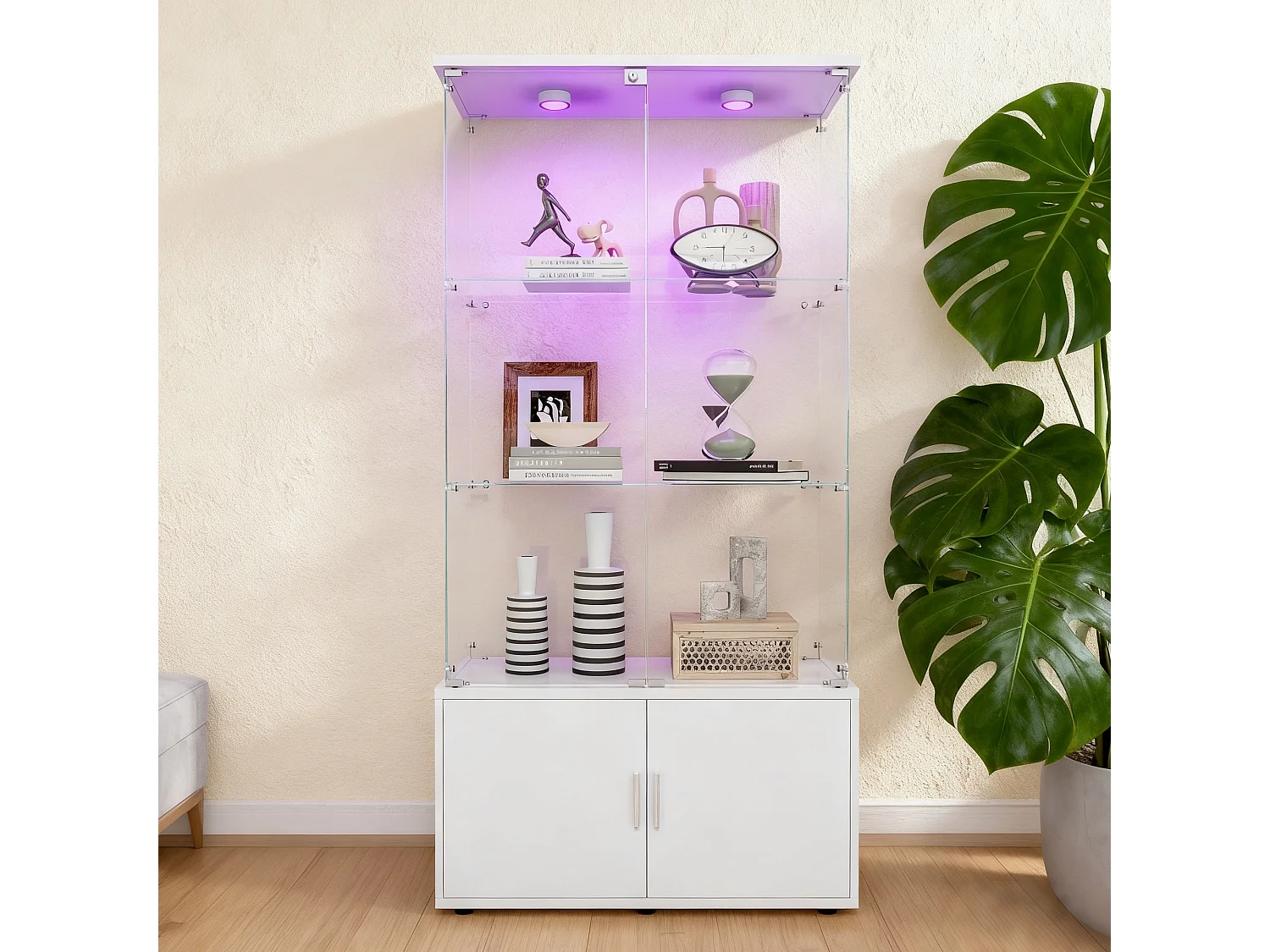 Vitrine sur pied avec 4 portes, 3 plateaux verre transparent avec serrure, verre trempé et boir, Multi - usage - Avec éclairage LED - 78x35x164 cm - Blanc