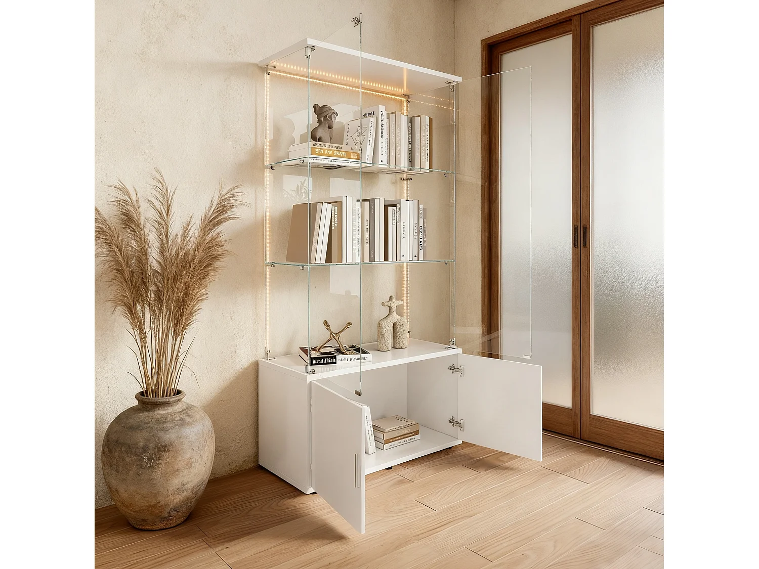Vitrine sur pied avec 4 portes, 3 plateaux verre transparent avec serrure, verre trempé et boir, Multi - usage - Avec éclairage LED - 78x35x164 cm - Blanc