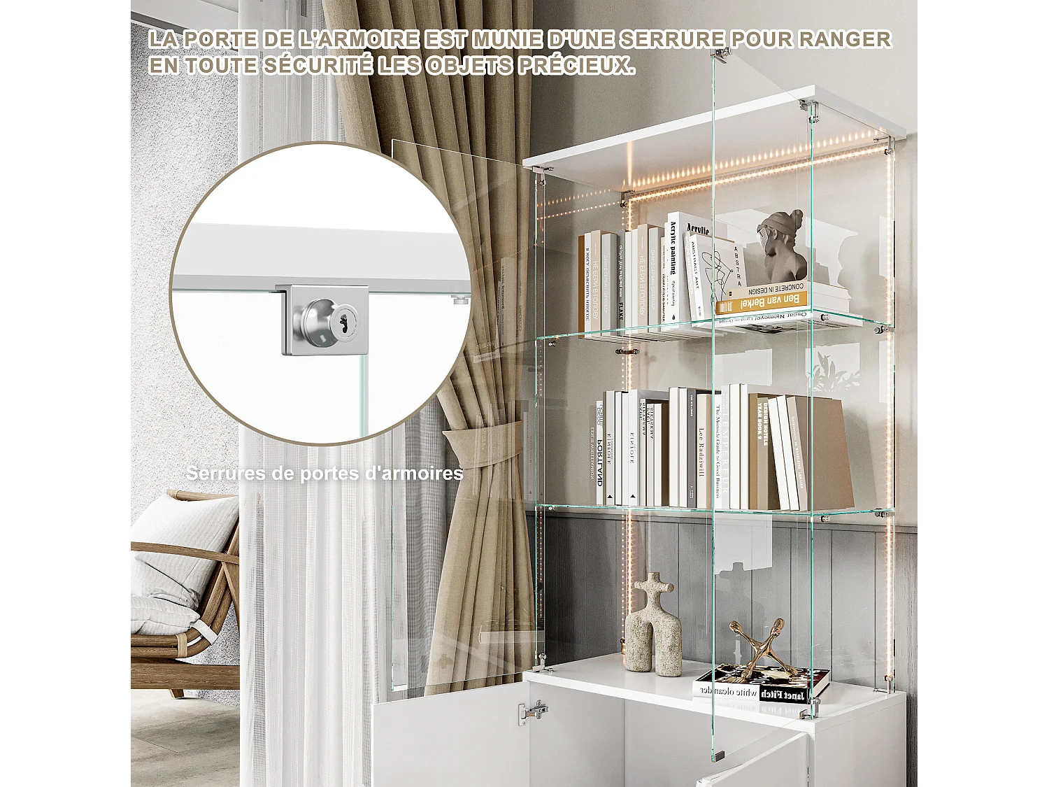 Vitrine sur pied avec 4 portes, 3 plateaux verre transparent avec serrure, verre trempé et boir, Multi - usage - Avec éclairage LED - 78x35x164 cm - Blanc