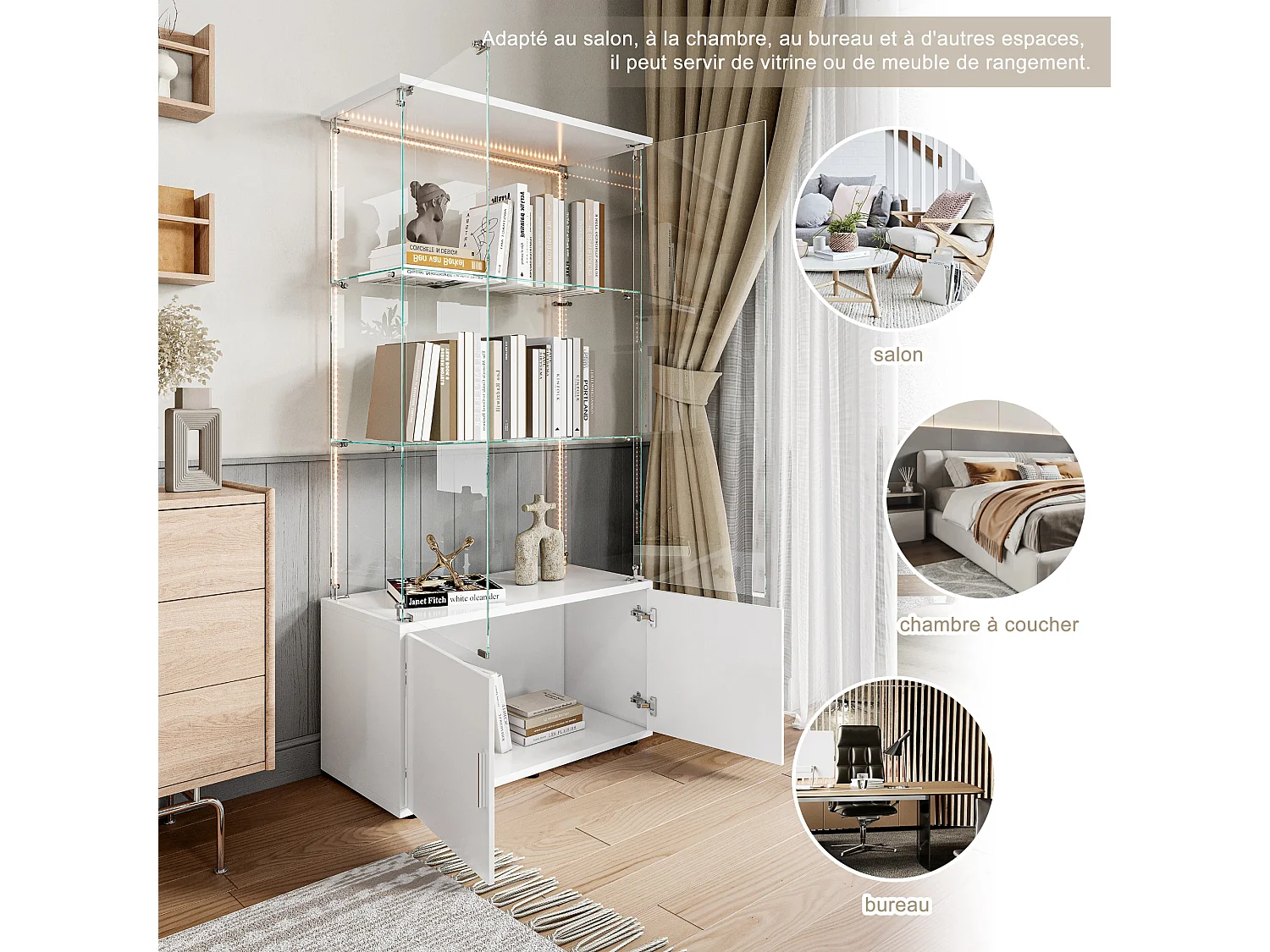 Vitrine sur pied avec 4 portes, 3 plateaux verre transparent avec serrure, verre trempé et boir, Multi - usage - Avec éclairage LED - 78x35x164 cm - Blanc