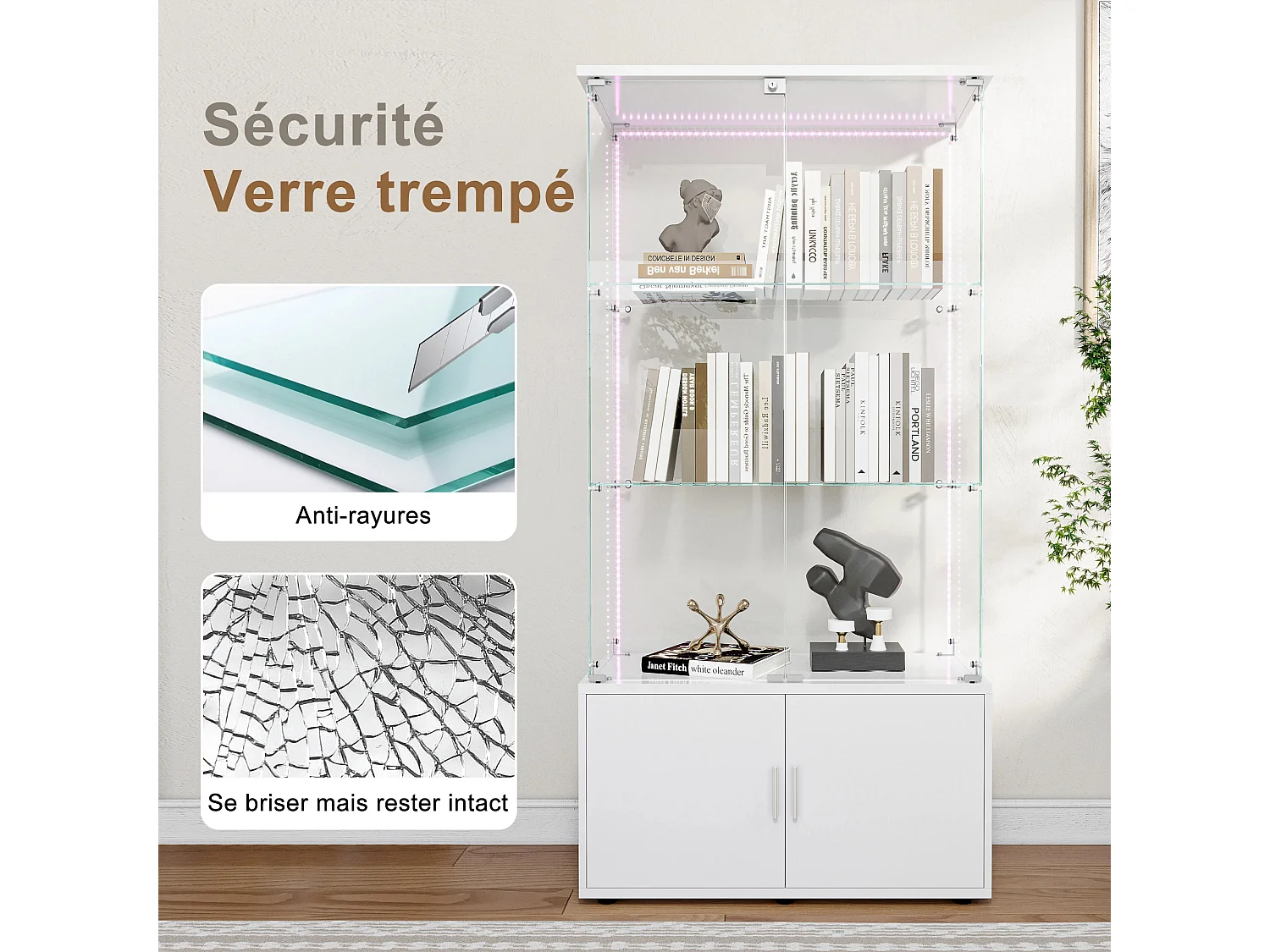 Vitrine sur pied avec 4 portes, 3 plateaux verre transparent avec serrure, verre trempé et boir, Multi - usage - Avec éclairage LED - 78x35x164 cm - Blanc