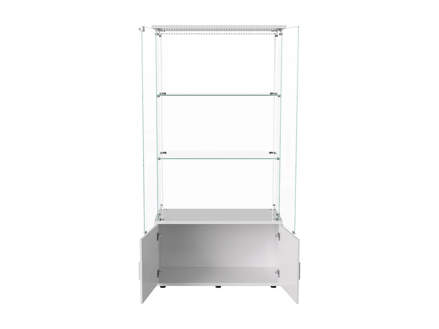 Vitrine sur pied avec 4 portes, 3 plateaux verre transparent avec serrure, verre trempé et boir, Multi - usage - Avec éclairage LED - 78x35x164 cm - Blanc