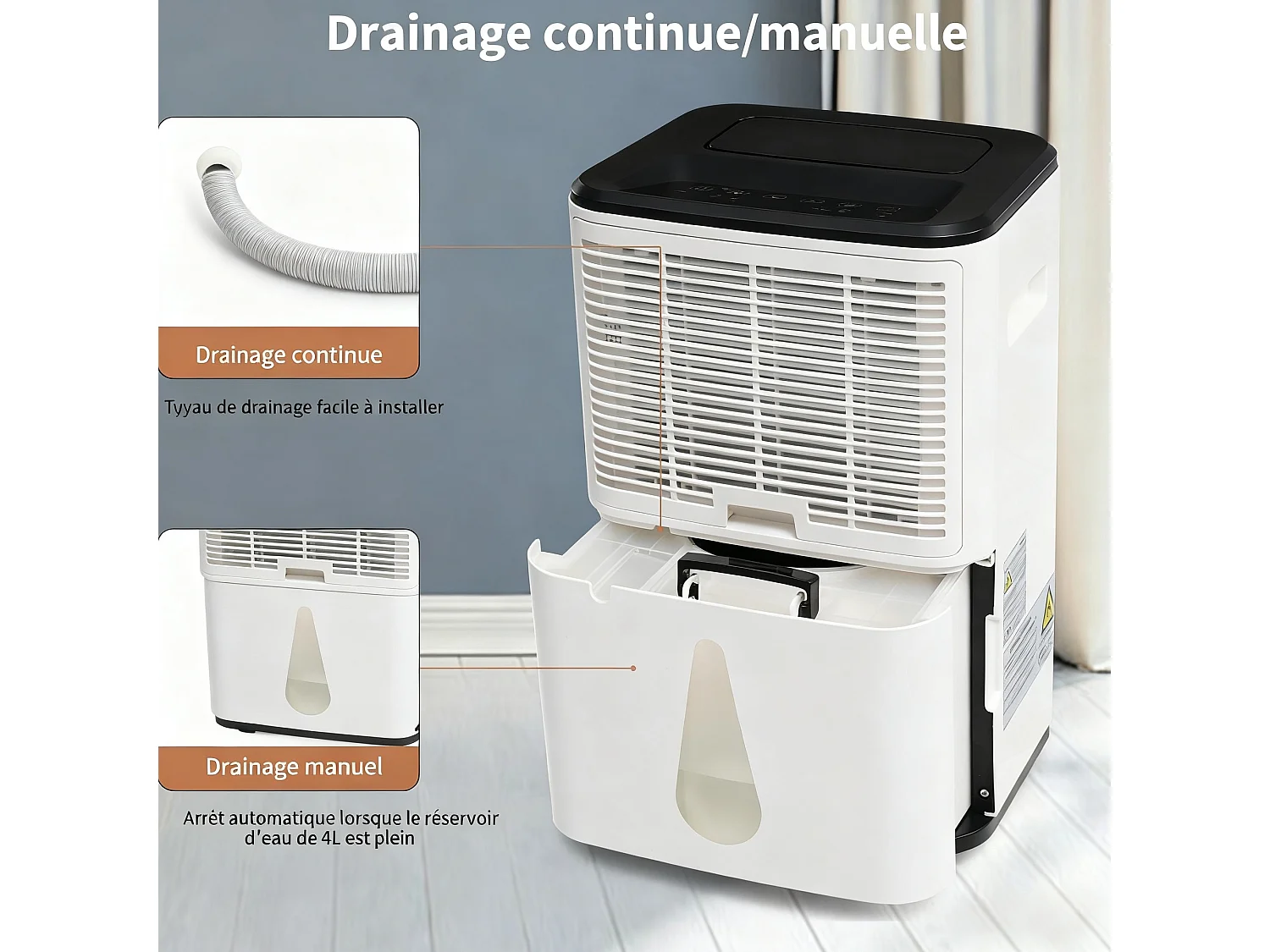 Déshumidificateur 3 en 1, 25L/jour, déshumidificateur, purificateur d'air et séchoir, réservoir de 6L, minuterie 24h, écran LED, pour 26㎡, Blanc