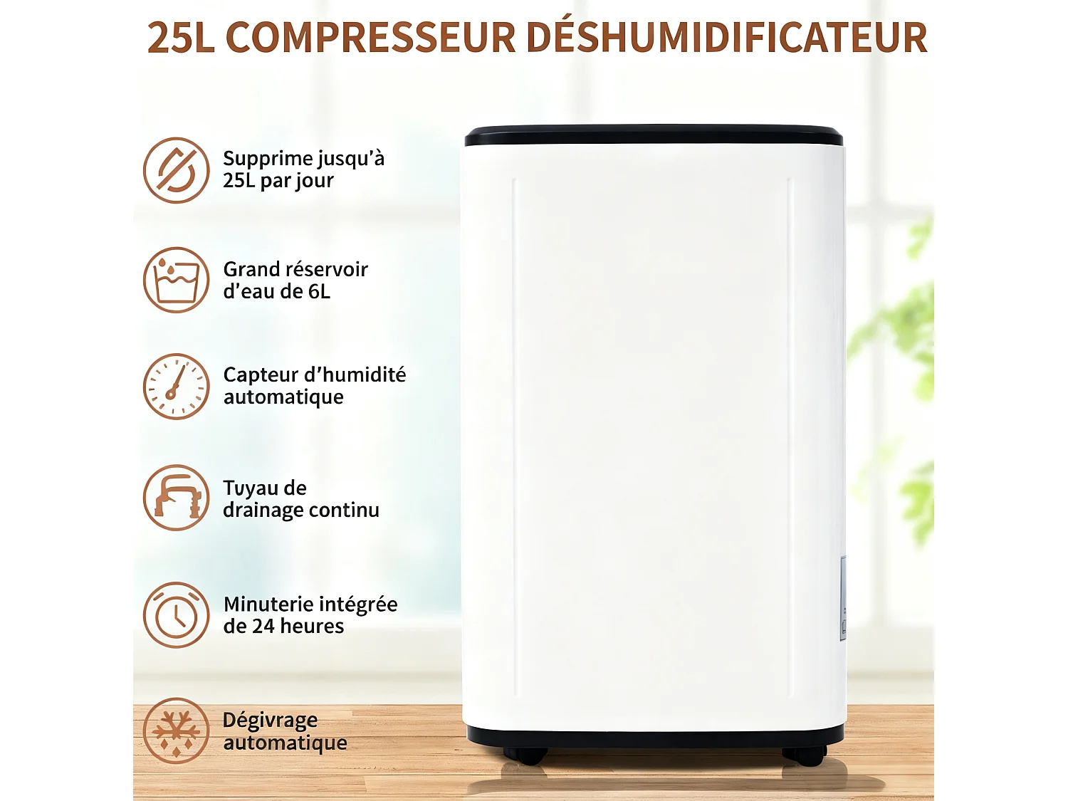 Déshumidificateur 3 en 1, 25L/jour, déshumidificateur, purificateur d'air et séchoir, réservoir de 6L, minuterie 24h, écran LED, pour 26㎡, Blanc