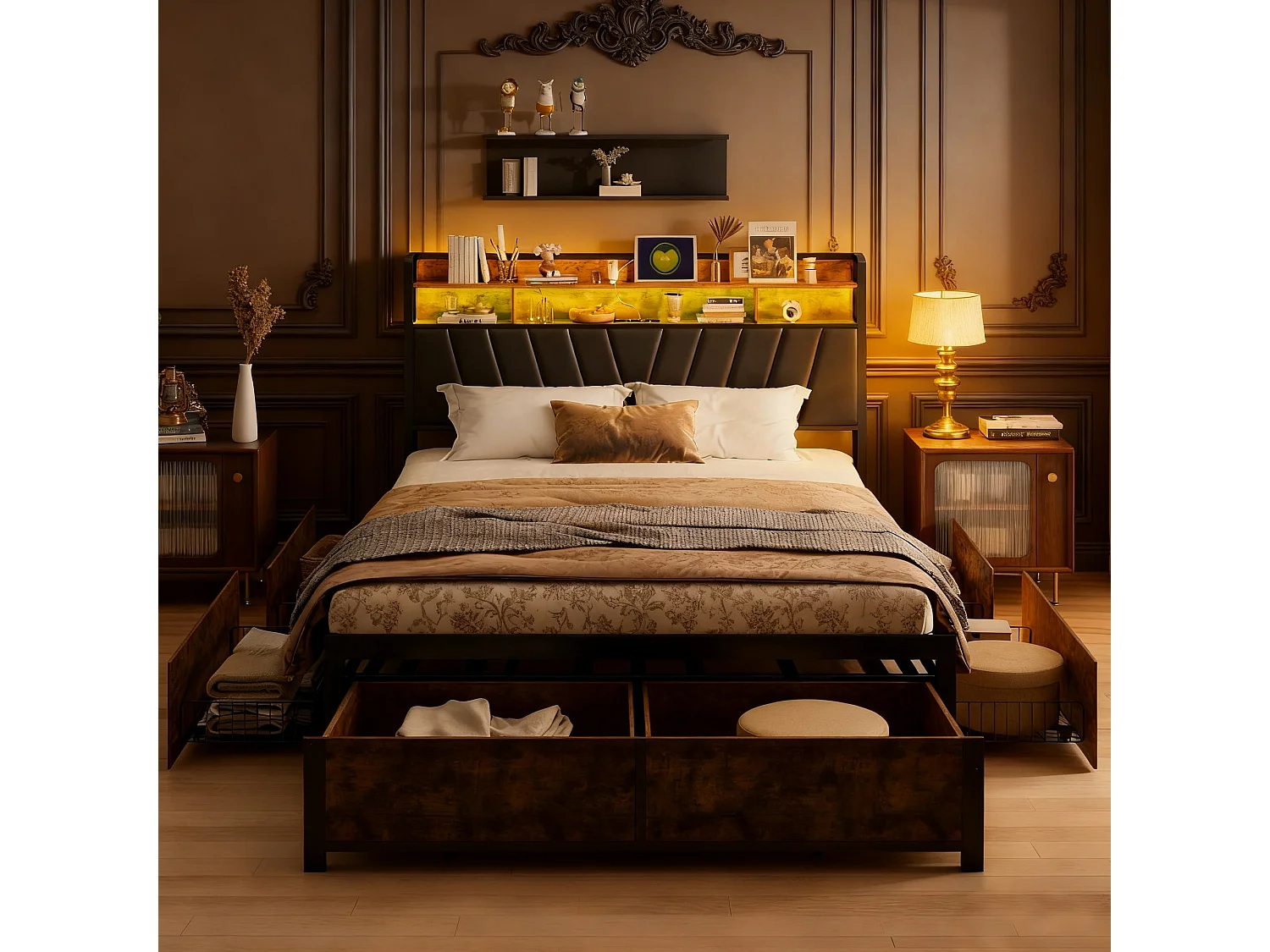 Lit adulte 180x200 tiroir rangement soldes, lit double 180x200 cm avec sommier à lattes, cadre de lit 180x200 cm avec LED et USB - noir