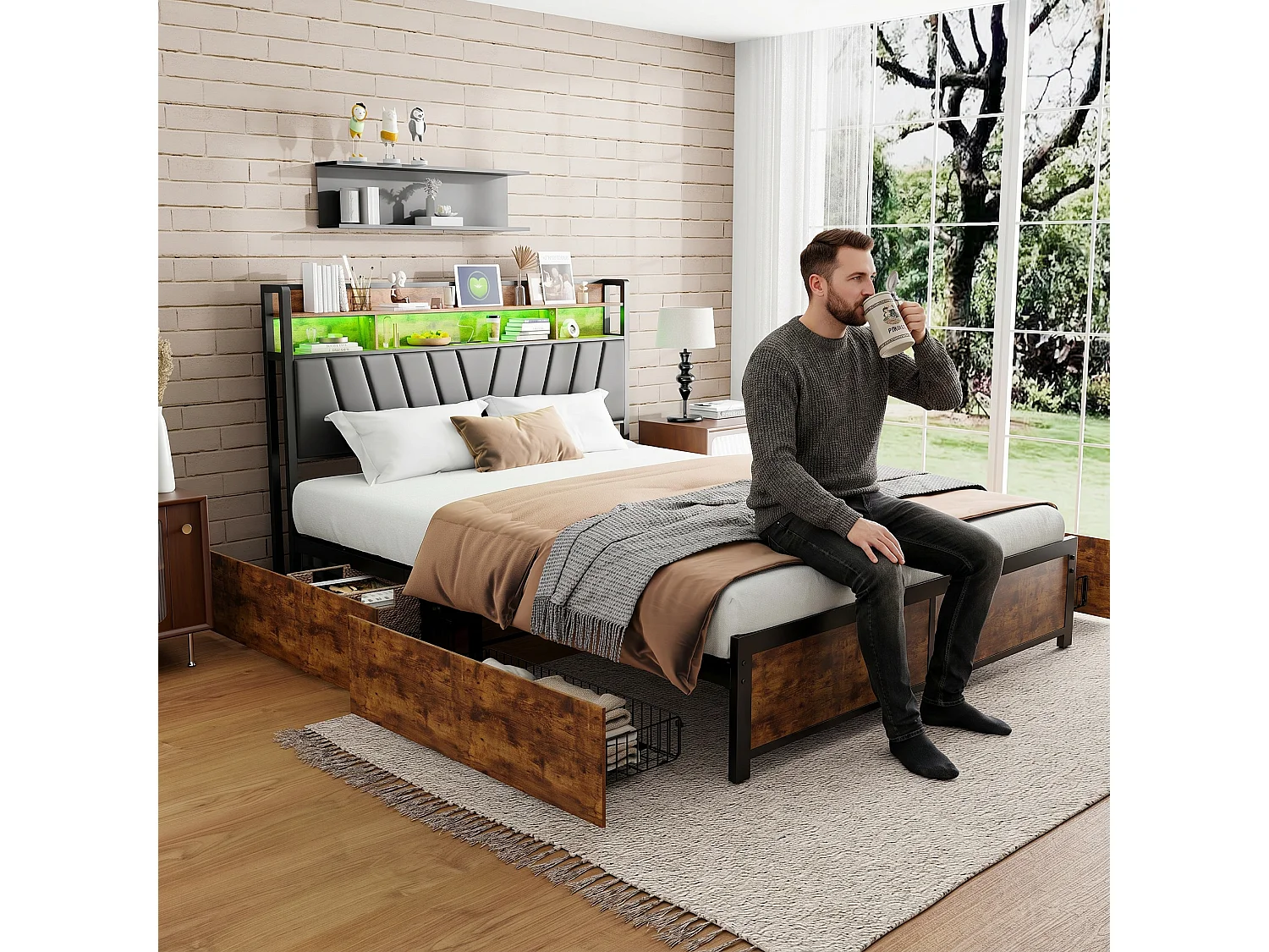 Te koop: tweepersoonsbed 180x200 cm met lattenbodem, bedframe 180x200 cm met LED en USB - zwart