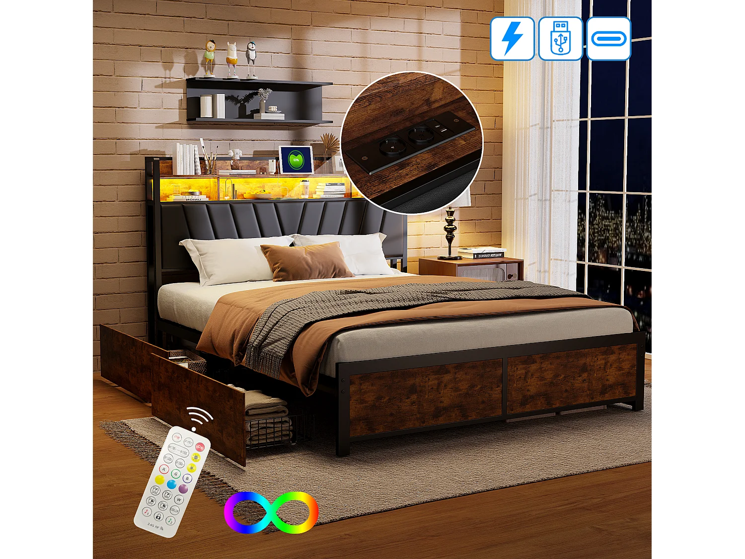 Te koop: tweepersoonsbed 180x200 cm met lattenbodem, bedframe 180x200 cm met LED en USB - zwart