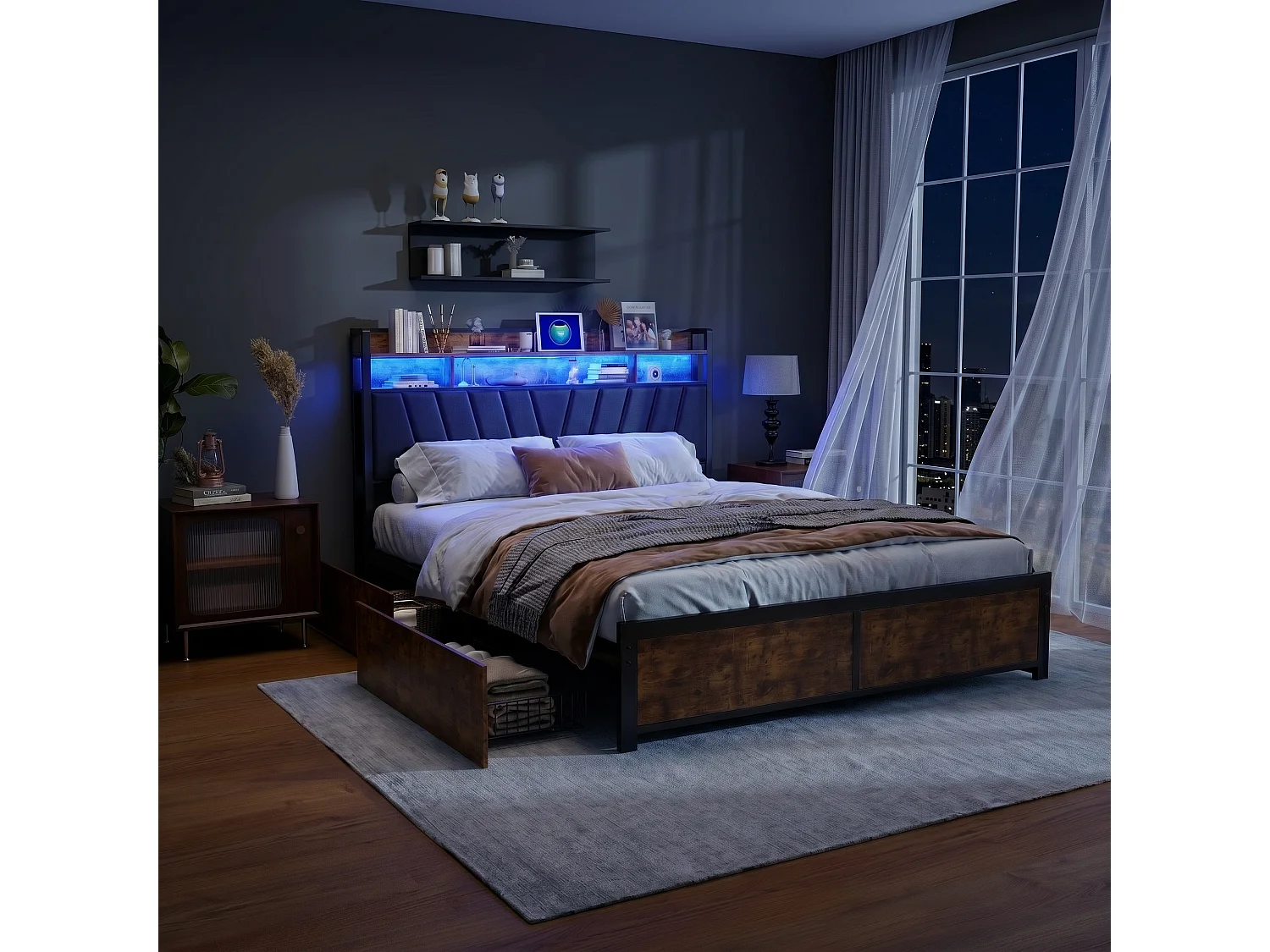 Te koop: tweepersoonsbed 180x200 cm met lattenbodem, bedframe 180x200 cm met LED en USB - zwart
