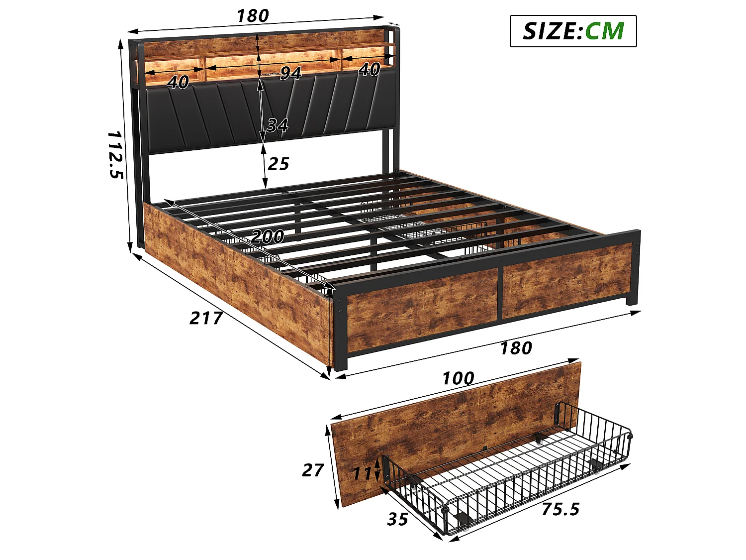 Te koop: tweepersoonsbed 180x200 cm met lattenbodem, bedframe 180x200 cm met LED en USB - zwart