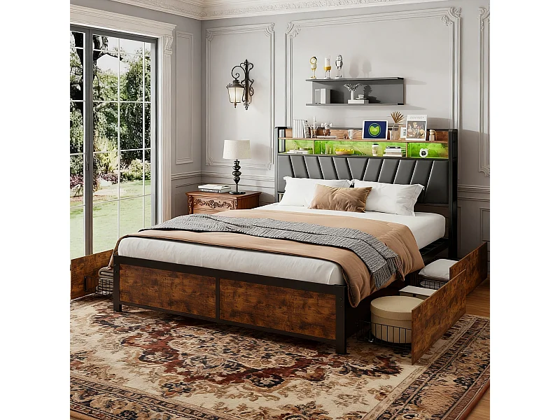 Lit adulte 180x200 tiroir rangement soldes, lit double 180x200 cm avec sommier à lattes, cadre de lit 180x200 cm avec LED et USB - noir