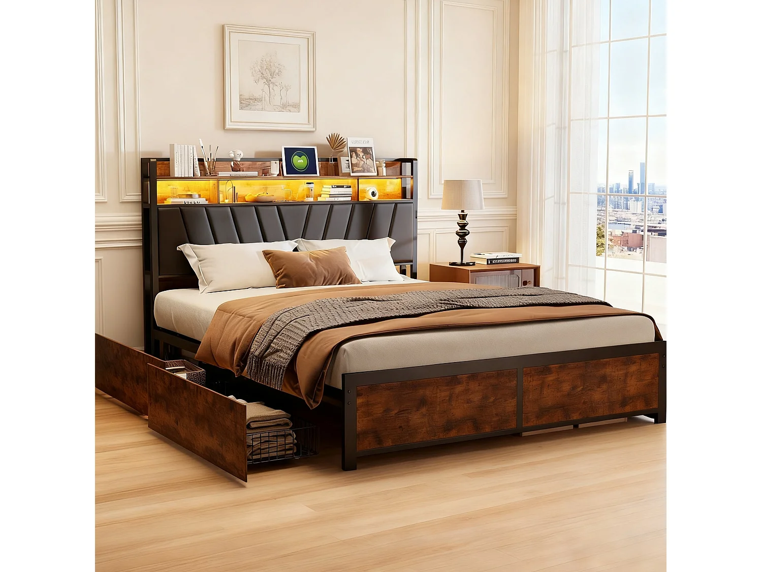 Lit adulte 140x200 tiroir rangement soldes, lit double 140x200 cm avec sommier à lattes, cadre de lit 140x200 cm avec LED et USB - noir