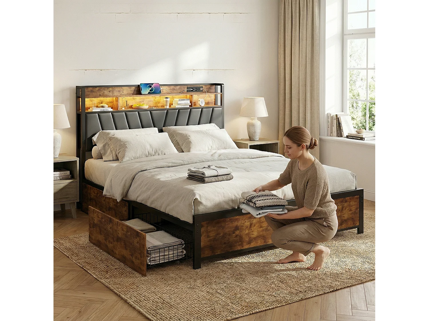 Lit double 140x200 cm avec tiroirs de rangement, sommier à lattes, LED et USB, cadre de lit noir
