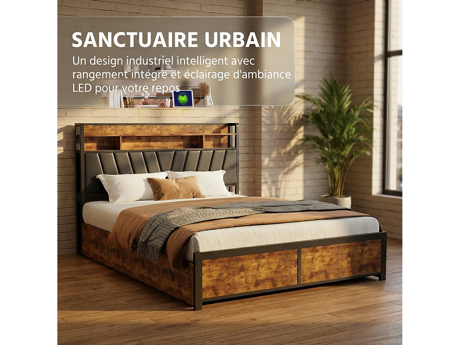Lit double 140x200 cm avec tiroirs de rangement, sommier à lattes, LED et USB, cadre de lit noir
