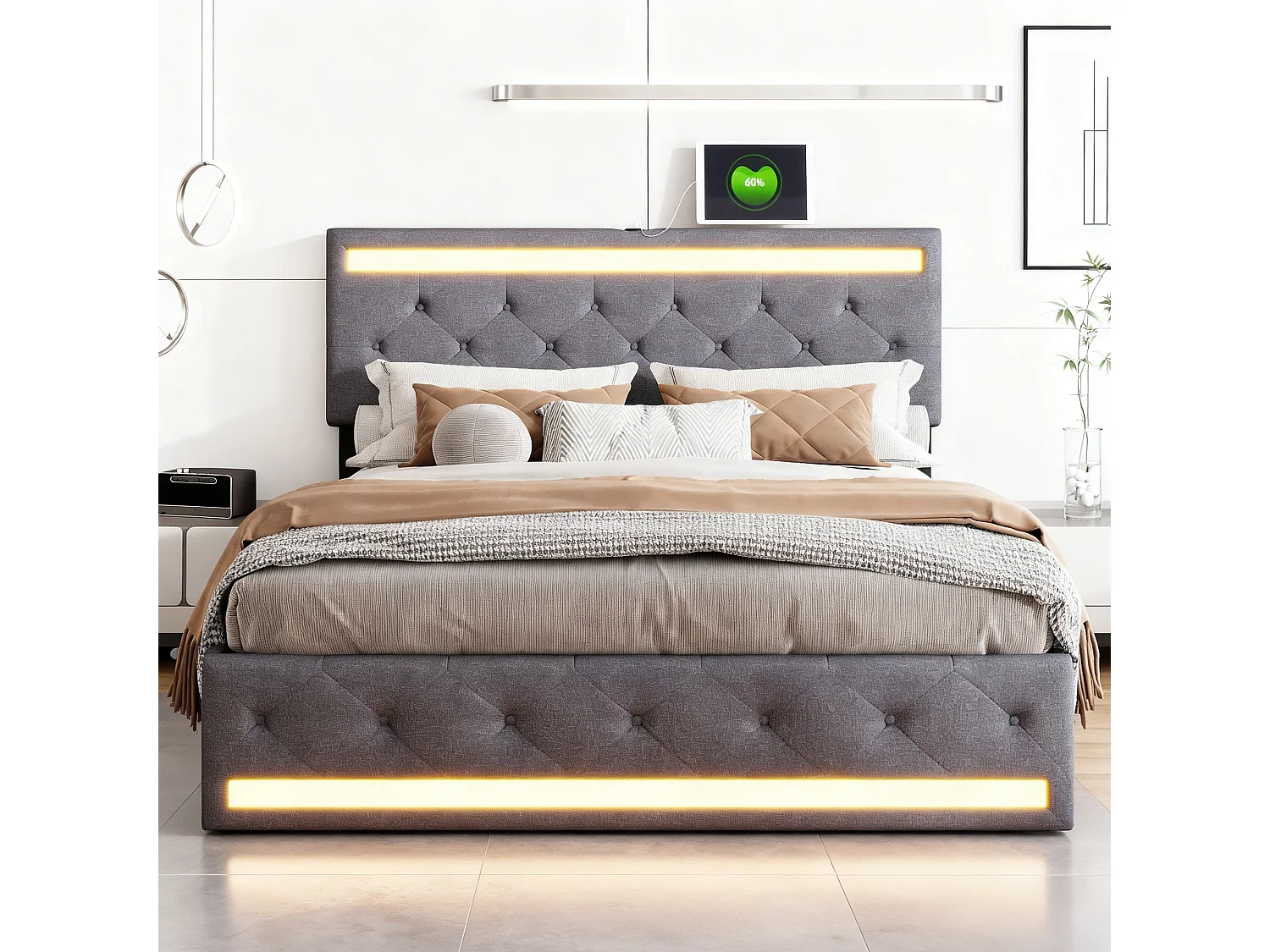 Lit 140x190 cm avec sommier à latte,  lit adulte 140x190 cm avec LED et USB, lit capitonné en tissu lin 140x190 cm, lit tiroir 140x190 cm soldes - gris