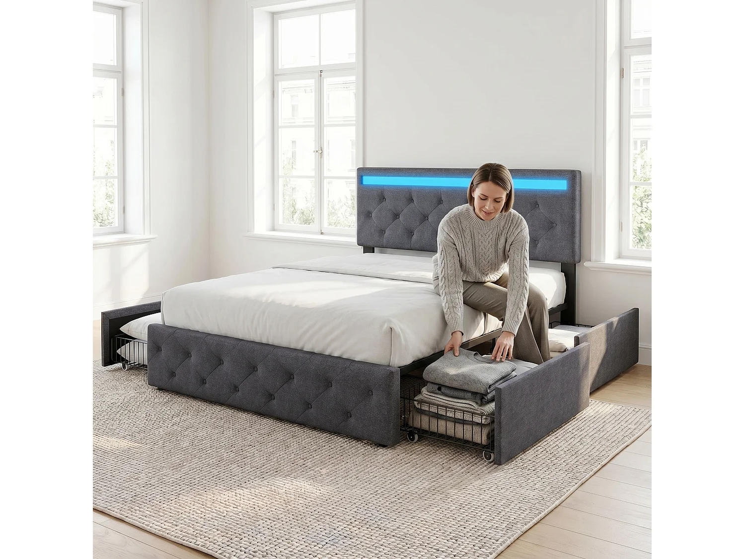 Lit adulte 140x190 cm gris en tissu lin - Lit capitonné avec sommier à lattes, tiroirs de rangement, éclairage LED et port USB intégré