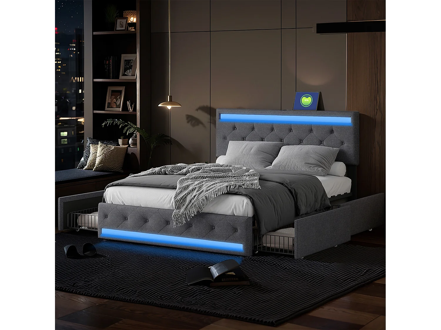 Lit adulte 140x190 cm gris en tissu lin - Lit capitonné avec sommier à lattes, tiroirs de rangement, éclairage LED et port USB intégré