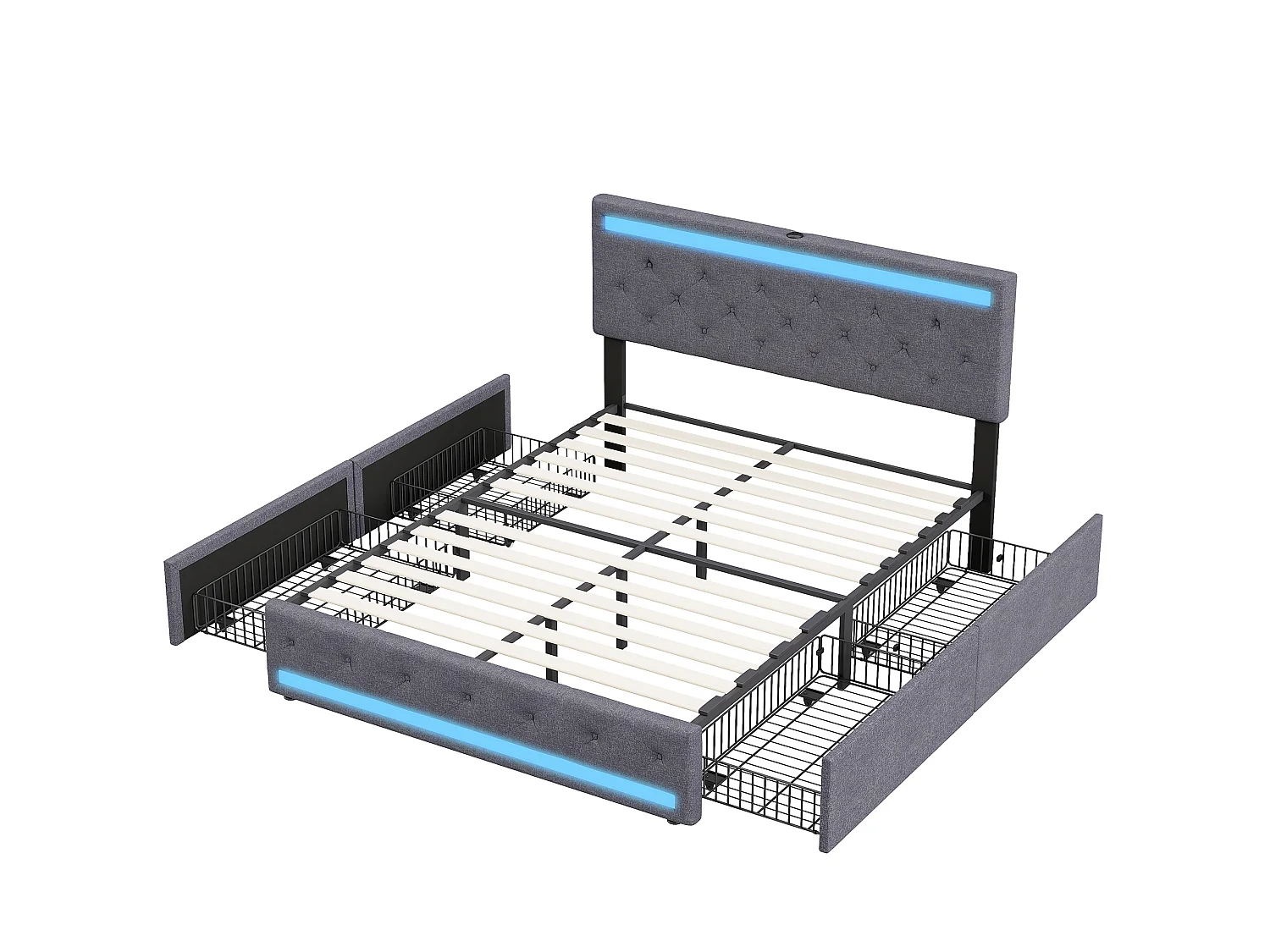 Lit adulte 140x190 cm gris en tissu lin - Lit capitonné avec sommier à lattes, tiroirs de rangement, éclairage LED et port USB intégré
