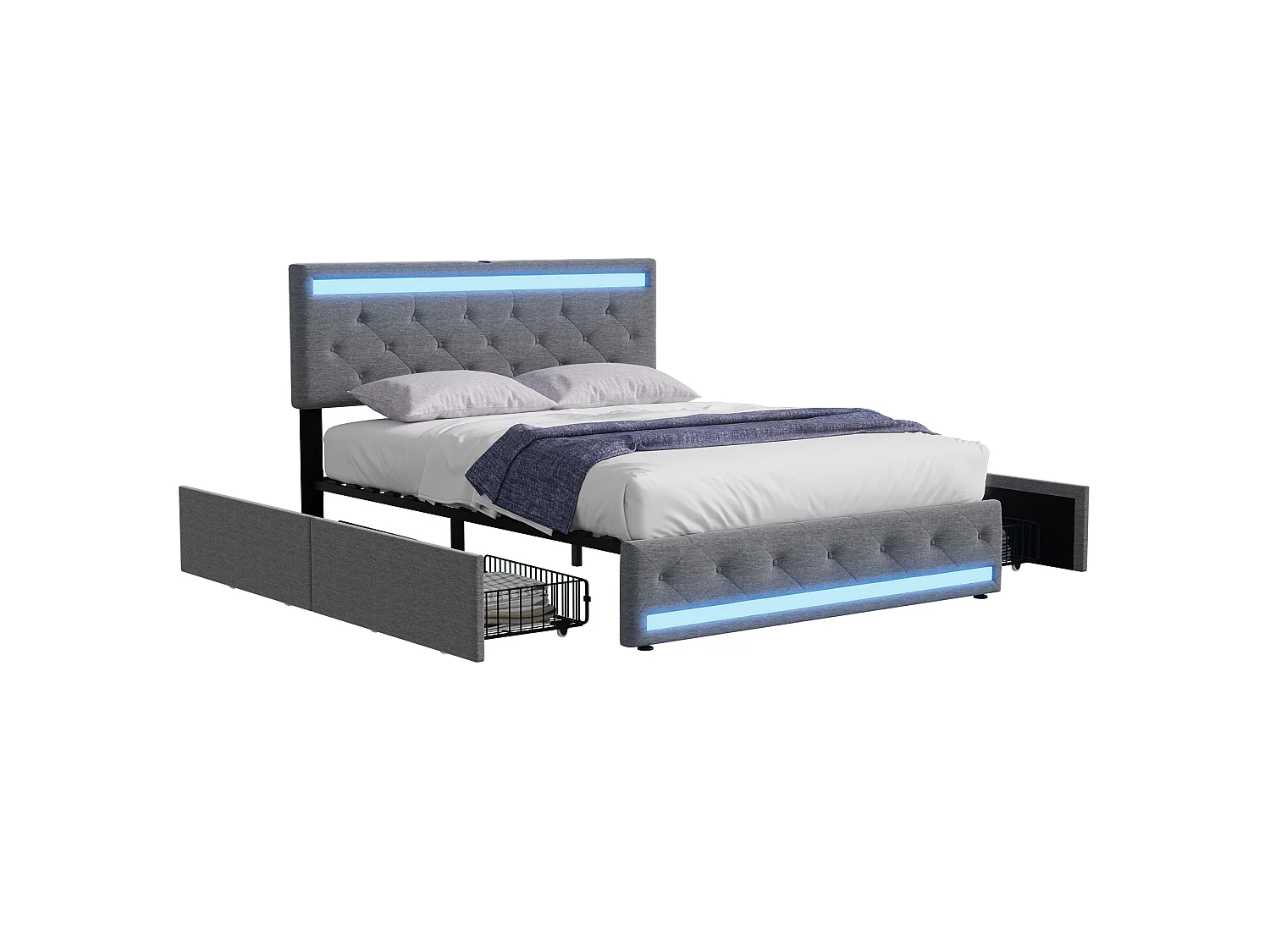Lit adulte 140x190 cm gris en tissu lin - Lit capitonné avec sommier à lattes, tiroirs de rangement, éclairage LED et port USB intégré