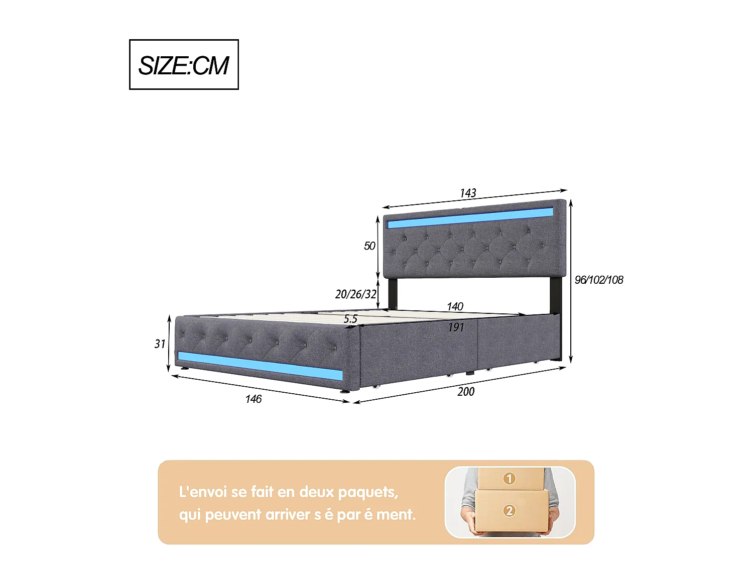 Lit adulte 140x190 cm gris en tissu lin - Lit capitonné avec sommier à lattes, tiroirs de rangement, éclairage LED et port USB intégré