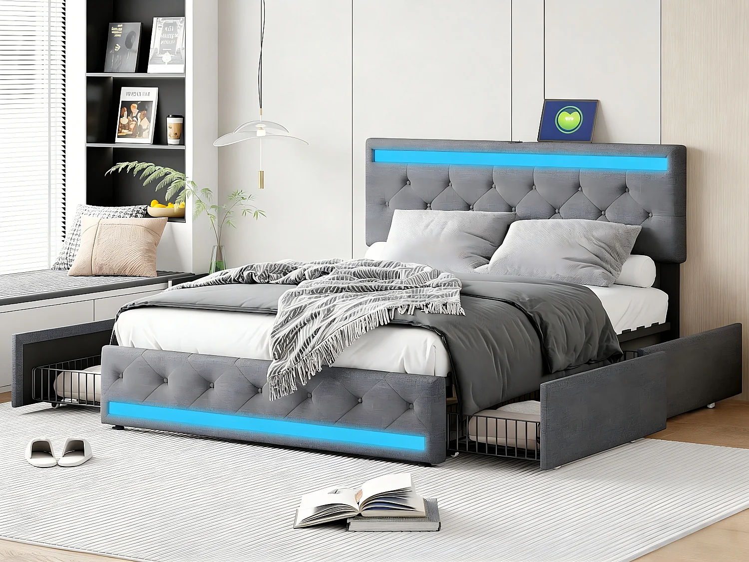 Lit adulte 140x190 cm gris en tissu lin - Lit capitonné avec sommier à lattes, tiroirs de rangement, éclairage LED et port USB intégré