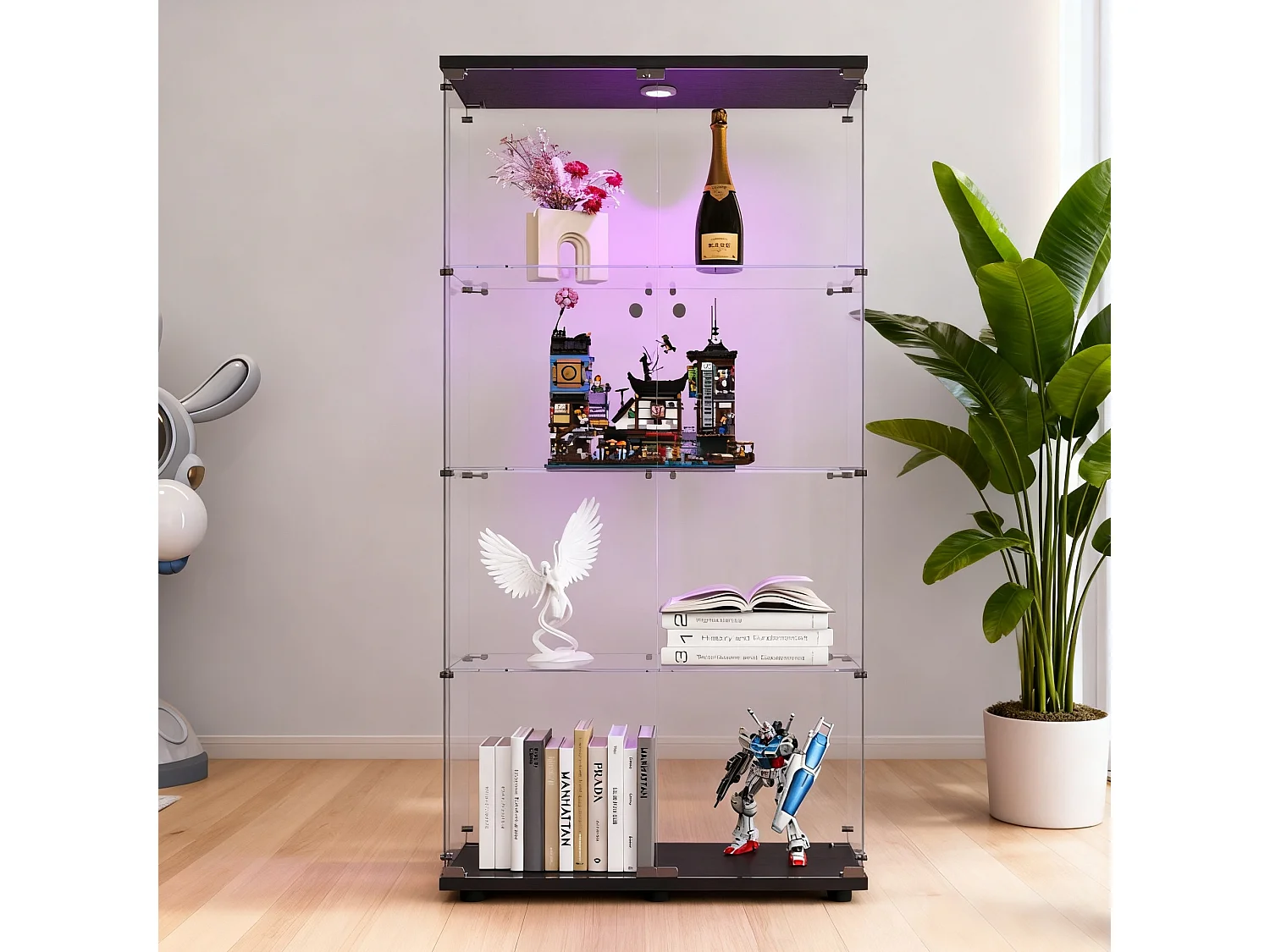Vitrine en verre à deux portes,  verre avec 4 étagères en ESG, avec serrure, sur pied pour salon, bureau,  - Avec éclairage LED ,80 x 36 x 163 cm, noir