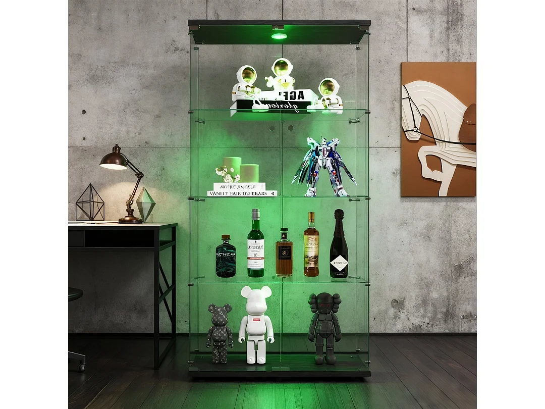 Vitrine en verre à deux portes,  verre avec 4 étagères en ESG, avec serrure, sur pied pour salon, bureau,  - Avec éclairage LED ,80 x 36 x 163 cm, noir