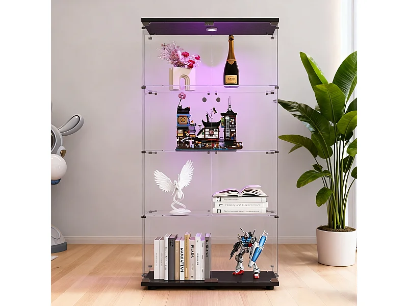 Vitrine en verre à deux portes,  verre avec 4 étagères en ESG, avec serrure, sur pied pour salon, bureau,  - Avec éclairage LED ,80 x 36 x 163 cm, noir