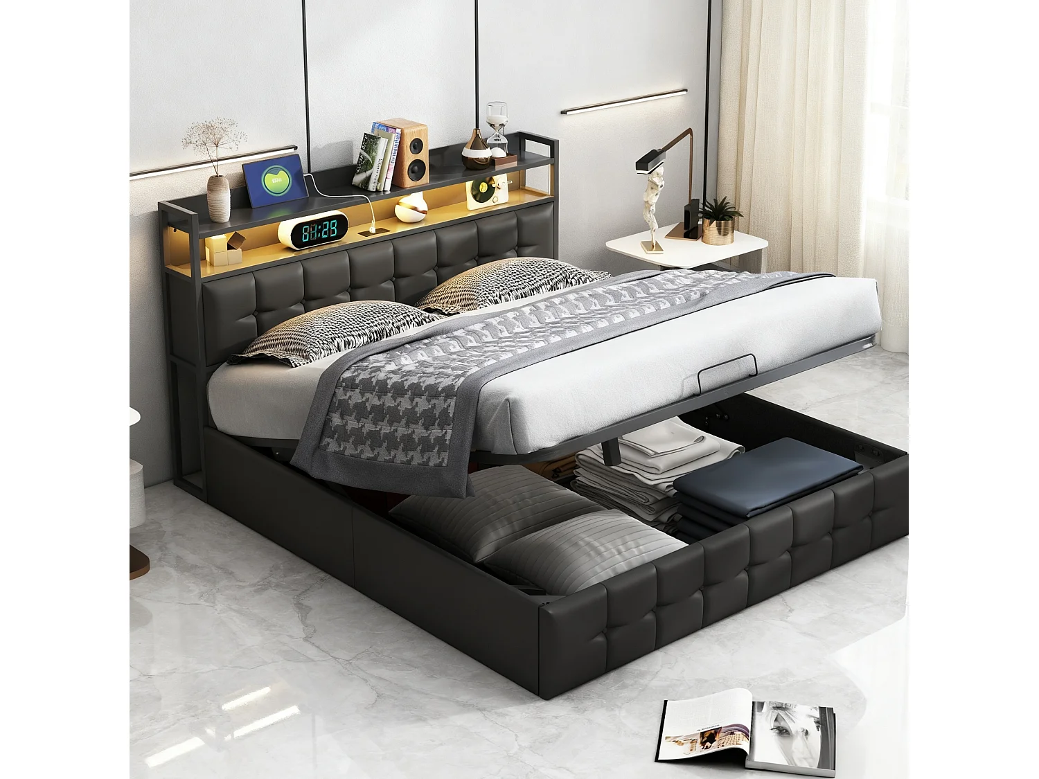Lit adulte 160x200 coffre rangement soldes, lit double 160x200 cm avec sommier à lattes, cadre de lit 160x200 cm avec LED et USB - tissu en PU - noir
