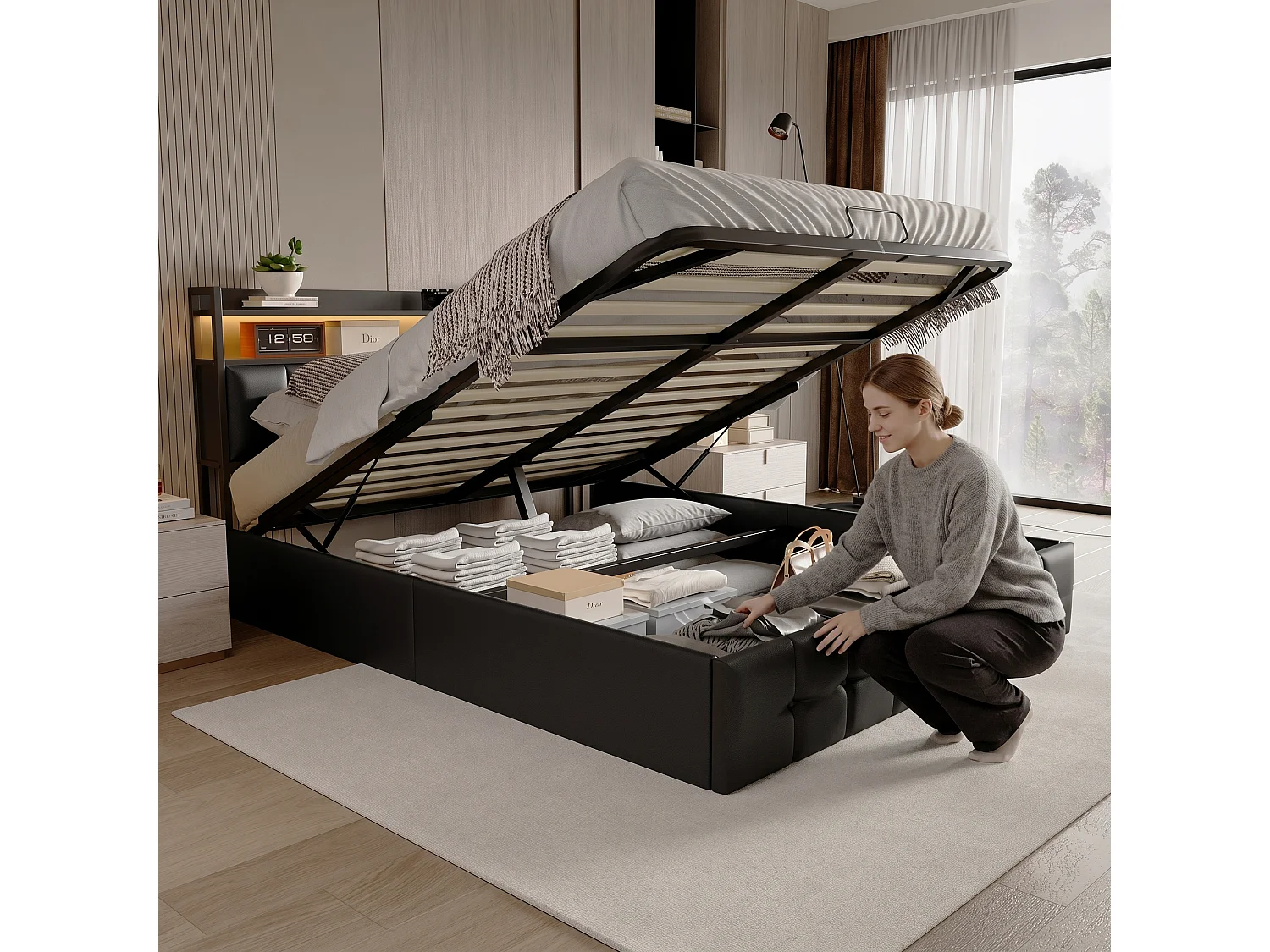 Lit coffre adulte 160x200 cm avec sommier à lattes, LED et ports de charge, revêtement en PU noir