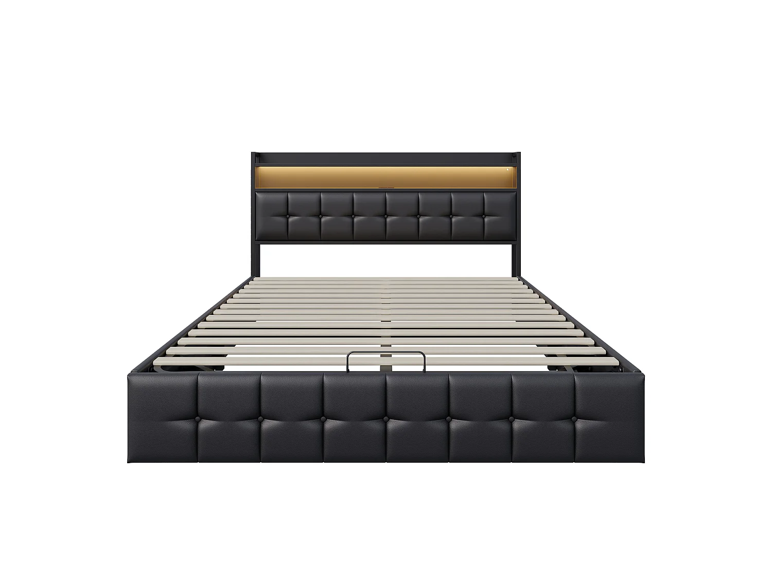 Lit coffre adulte 160x200 cm avec sommier à lattes, LED et ports de charge, revêtement en PU noir