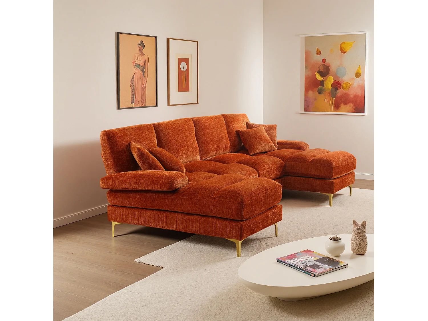 Canapé d'angle moderne en U en chenille avec deux assises，Canapé panoramique， - 4 places - orange