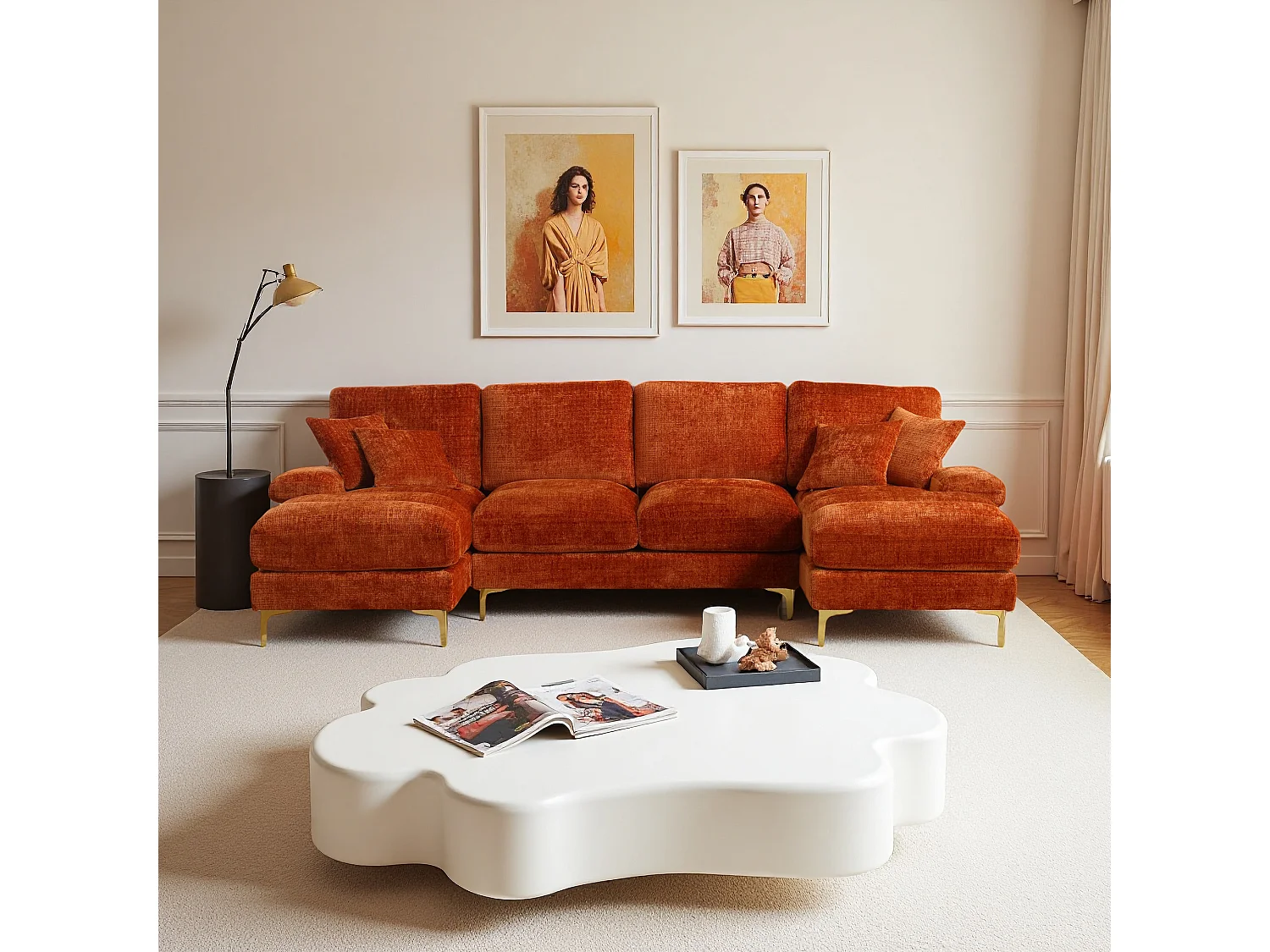 Canapé d'angle moderne en U en chenille avec deux assises，Canapé panoramique， - 4 places - orange