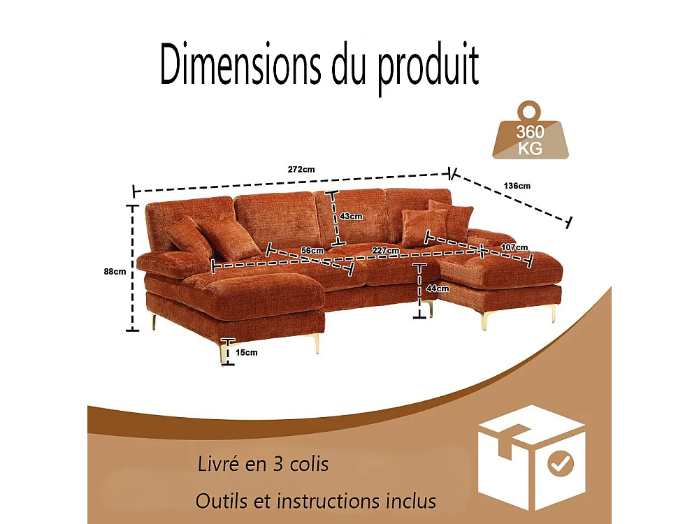 Canapé d'angle moderne en U en chenille avec deux assises，Canapé panoramique， - 4 places - orange