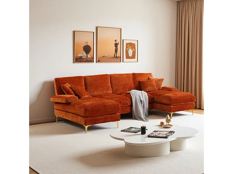 Canapé d'angle moderne en U en chenille avec deux assises，Canapé panoramique， - 4 places - orange