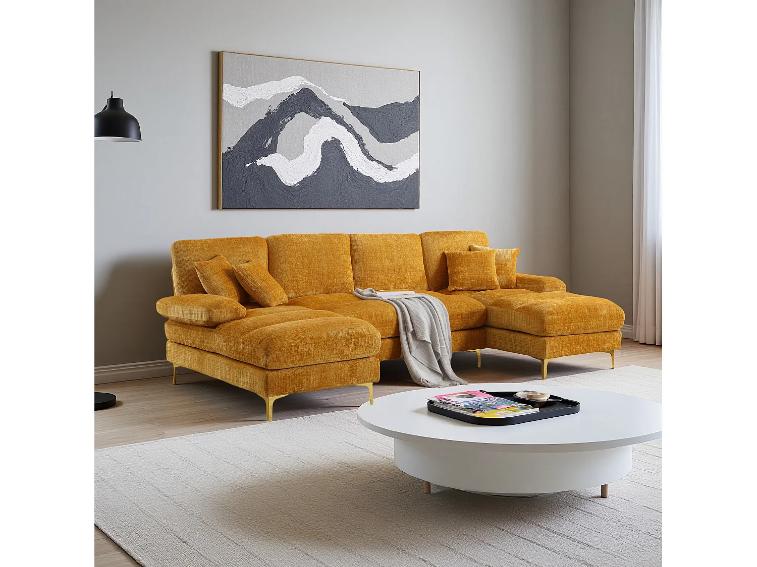 Canapé d'angle moderne en U en chenille avec deux assises，Canapé panoramique， - 4 places - Jaune