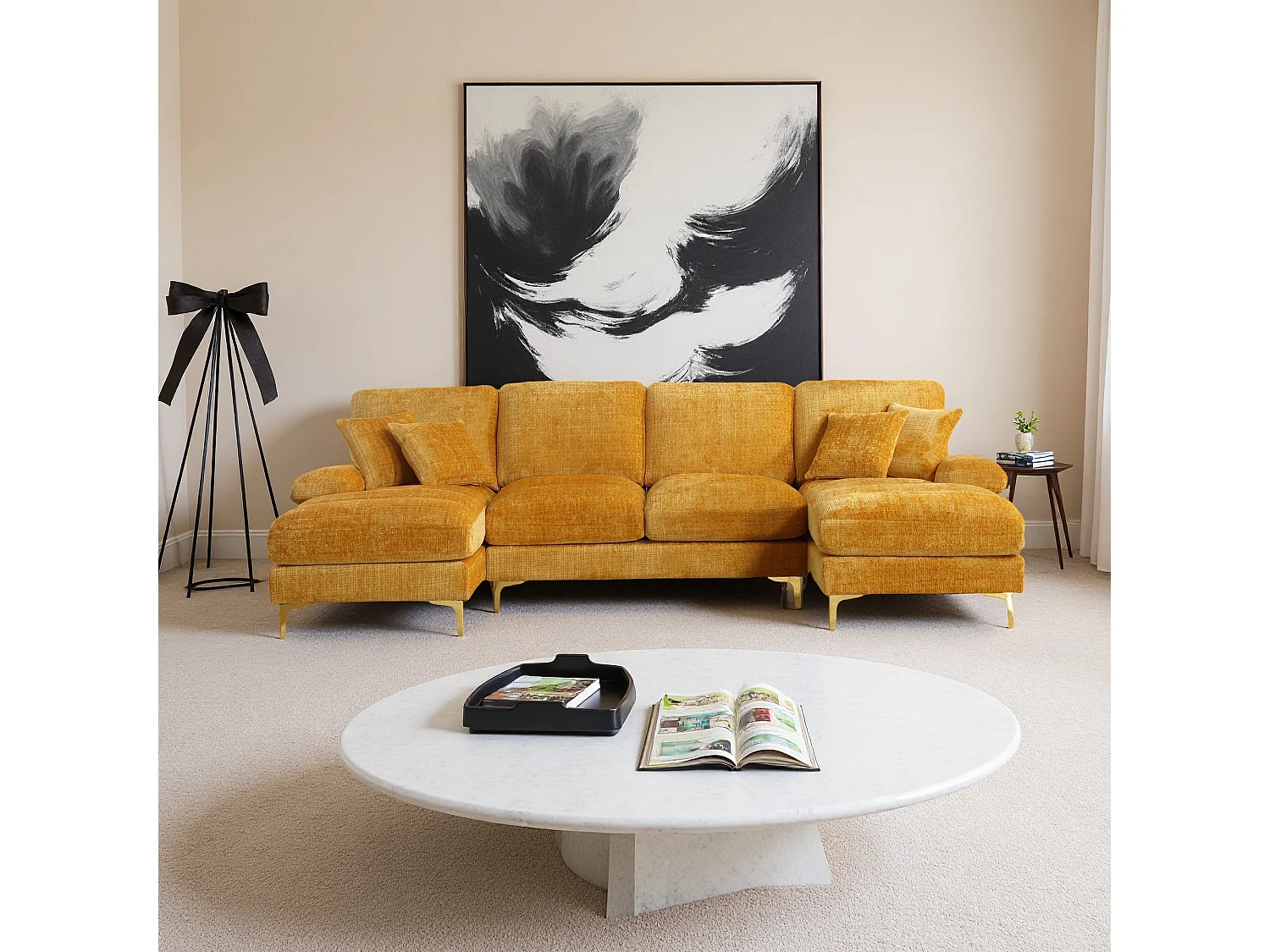 Canapé d'angle moderne en U en chenille avec deux assises，Canapé panoramique， - 4 places - Jaune