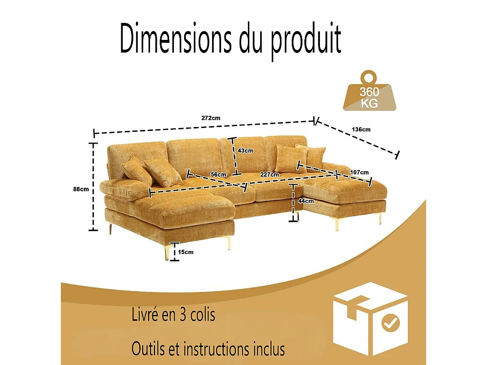 Canapé d'angle moderne en U en chenille avec deux assises，Canapé panoramique， - 4 places - Jaune