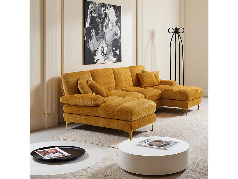 Canapé d'angle moderne en U en chenille avec deux assises，Canapé panoramique， - 4 places - Jaune