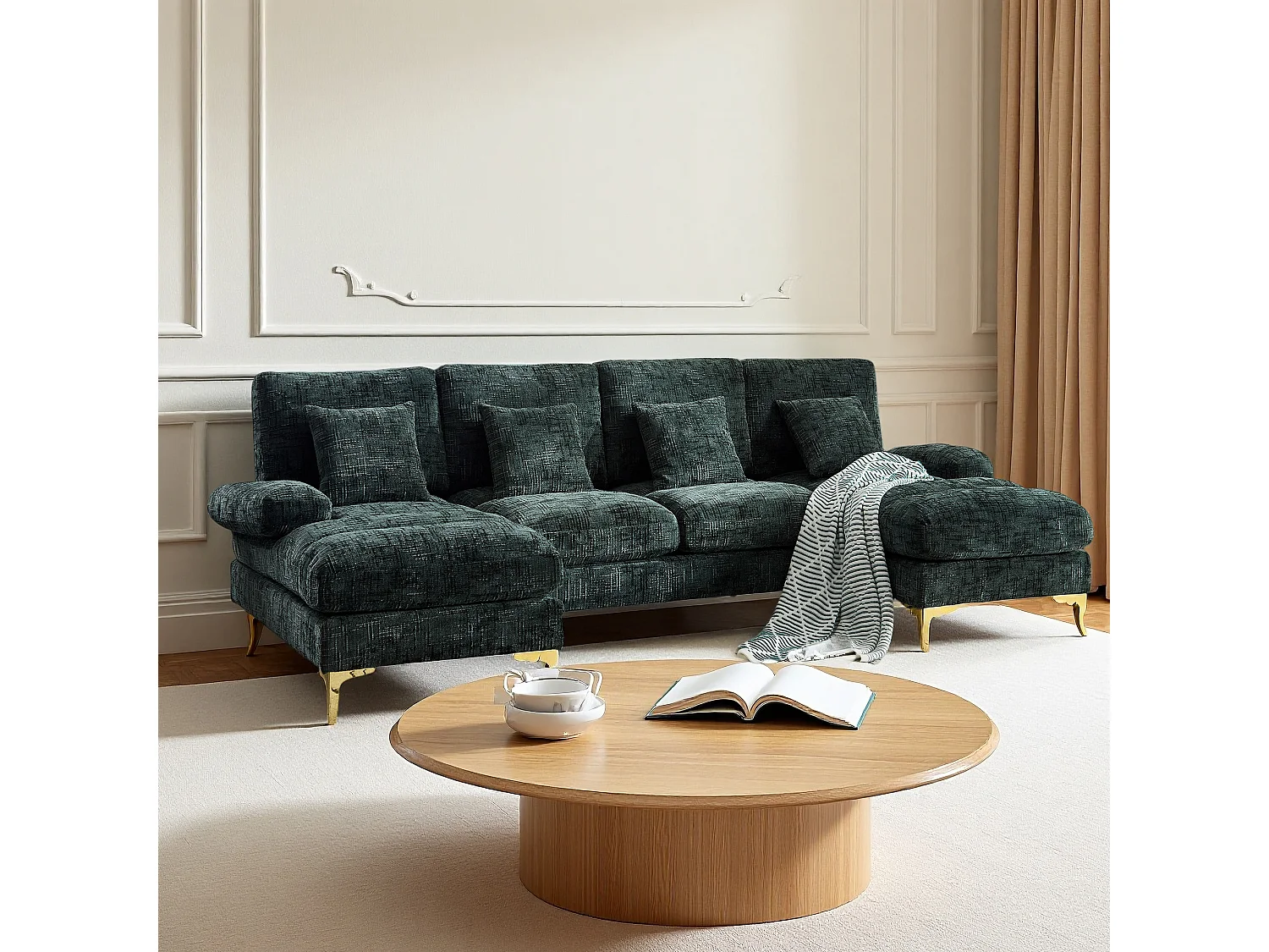 Canapé d'angle moderne en U en chenille avec deux assises，Canapé panoramique， - 4 places - vert