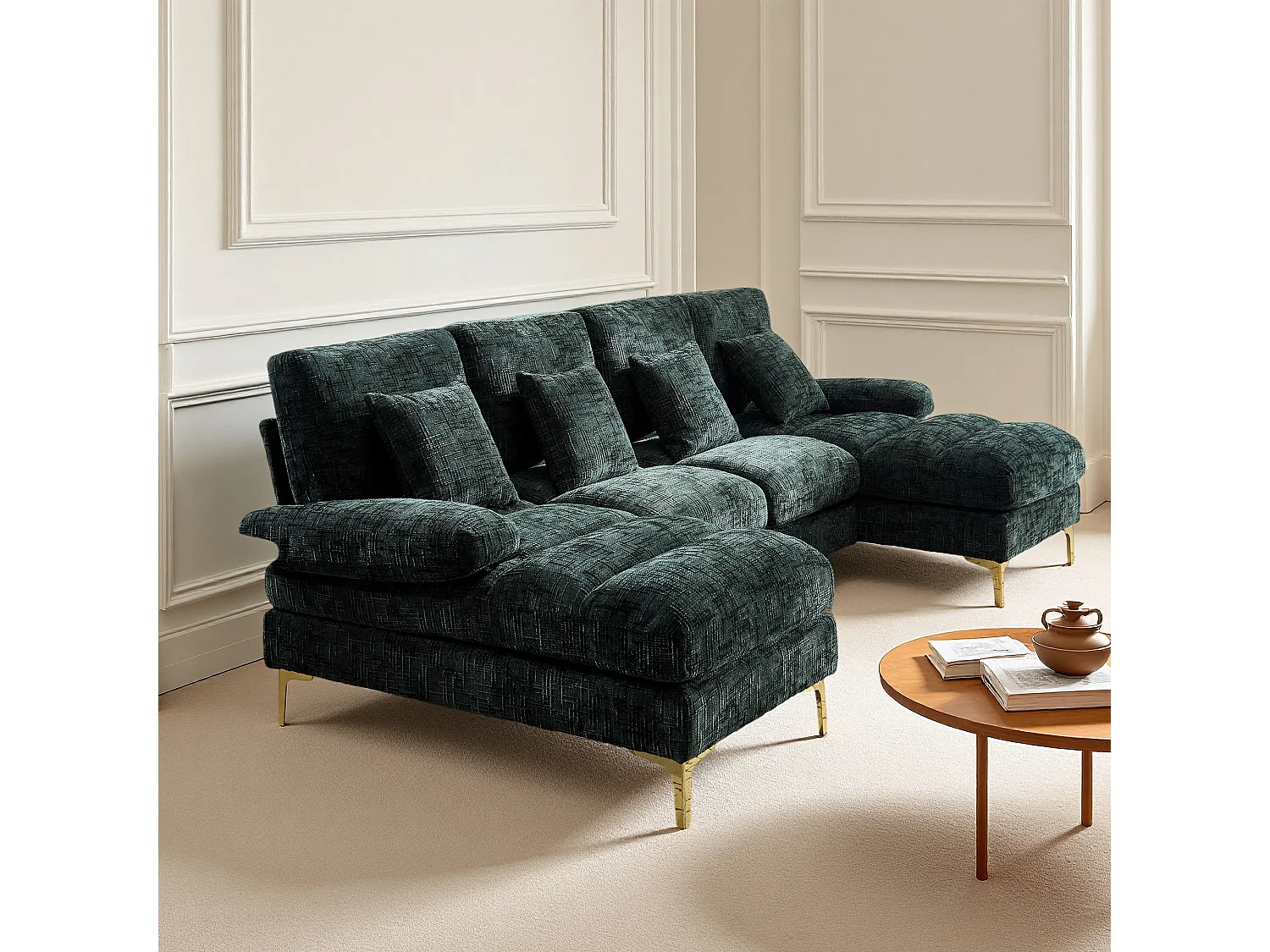 Canapé d'angle moderne en U en chenille avec deux assises，Canapé panoramique， - 4 places - vert